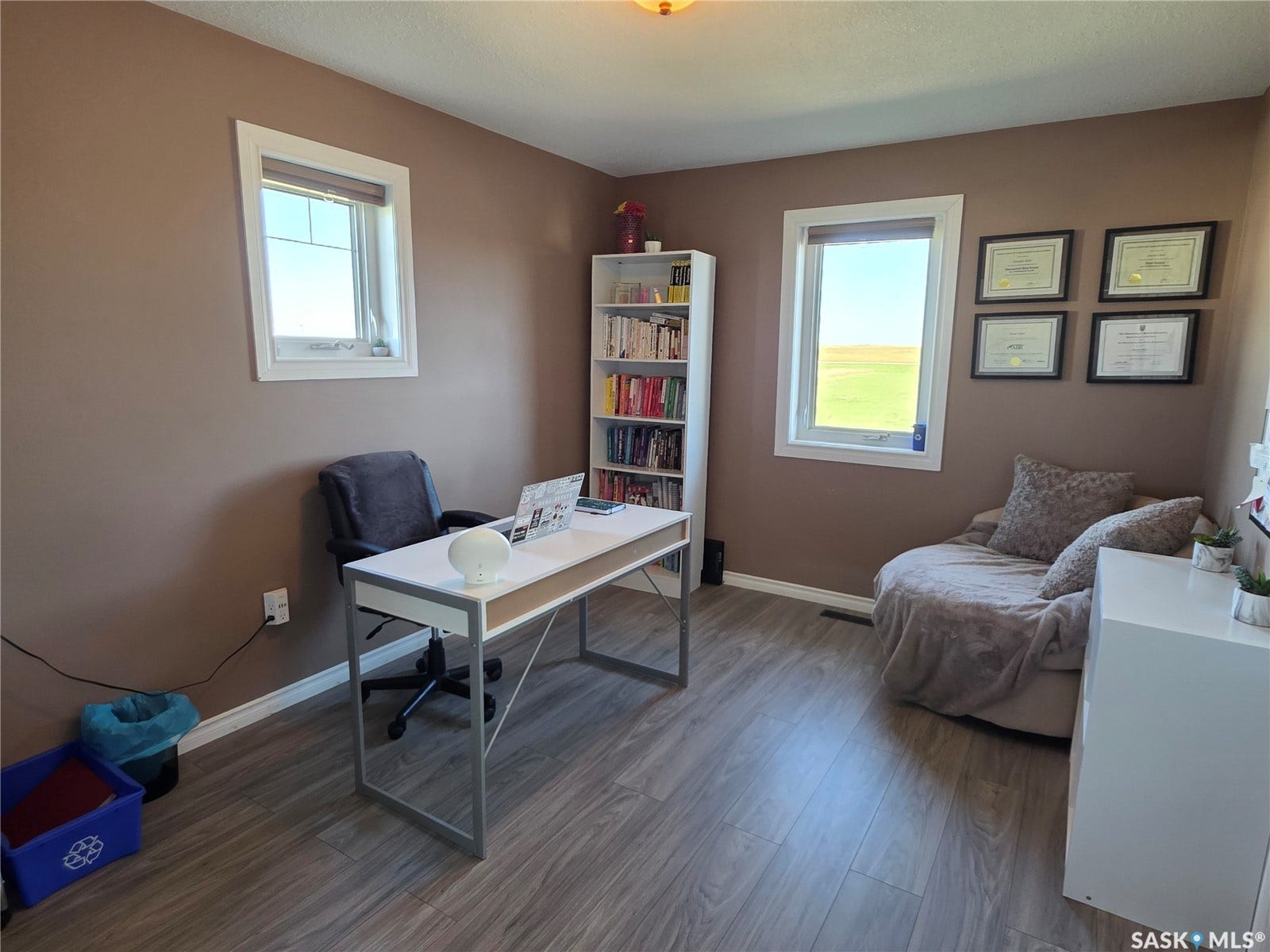 Laminate flooring throughout, light neutral wall color, and two windows providing natural light
