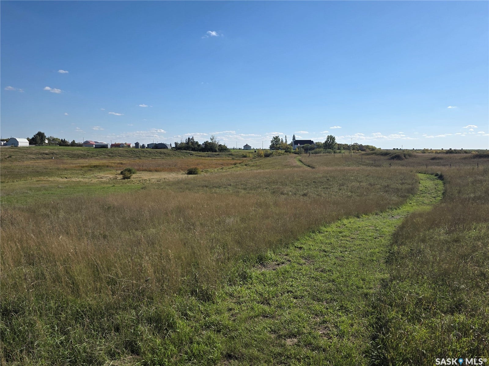 Expansive open field with a defined grassy pathway to the back creek