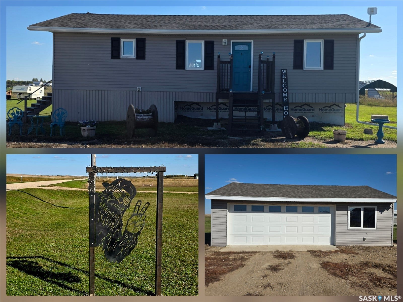 Image of property. Displaying the exterior of the primary structure, a detached garage, and a decorative sign on the property