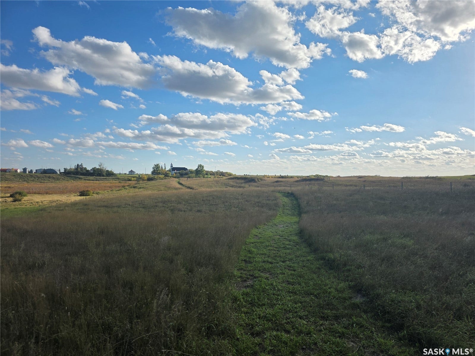 Expansive open fields with pathway to the creek with natural vegetation, a clear blue sky, and distant structures on the horizon