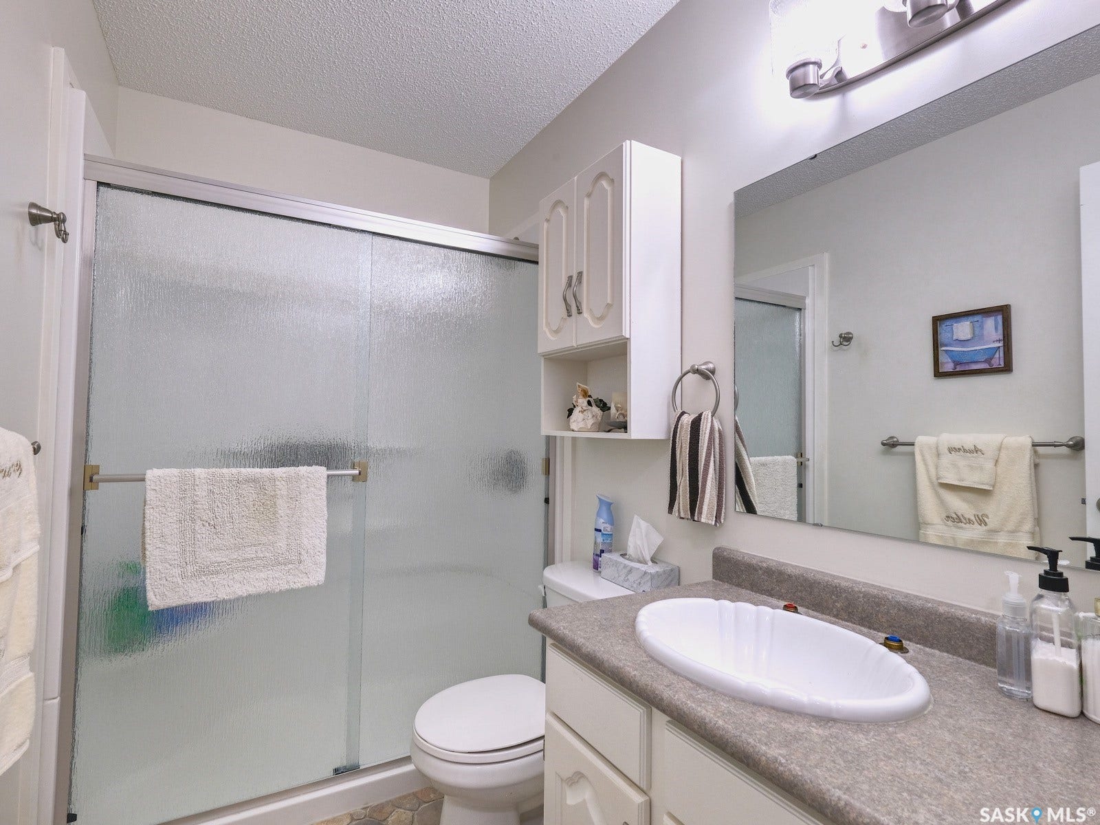 305 1st Street W, #302, Rosetown SK S0L 2V0 Frosted glass shower enclosure, built-in vanity with integrated sink, wall-mounted mirror, and white cabinetry