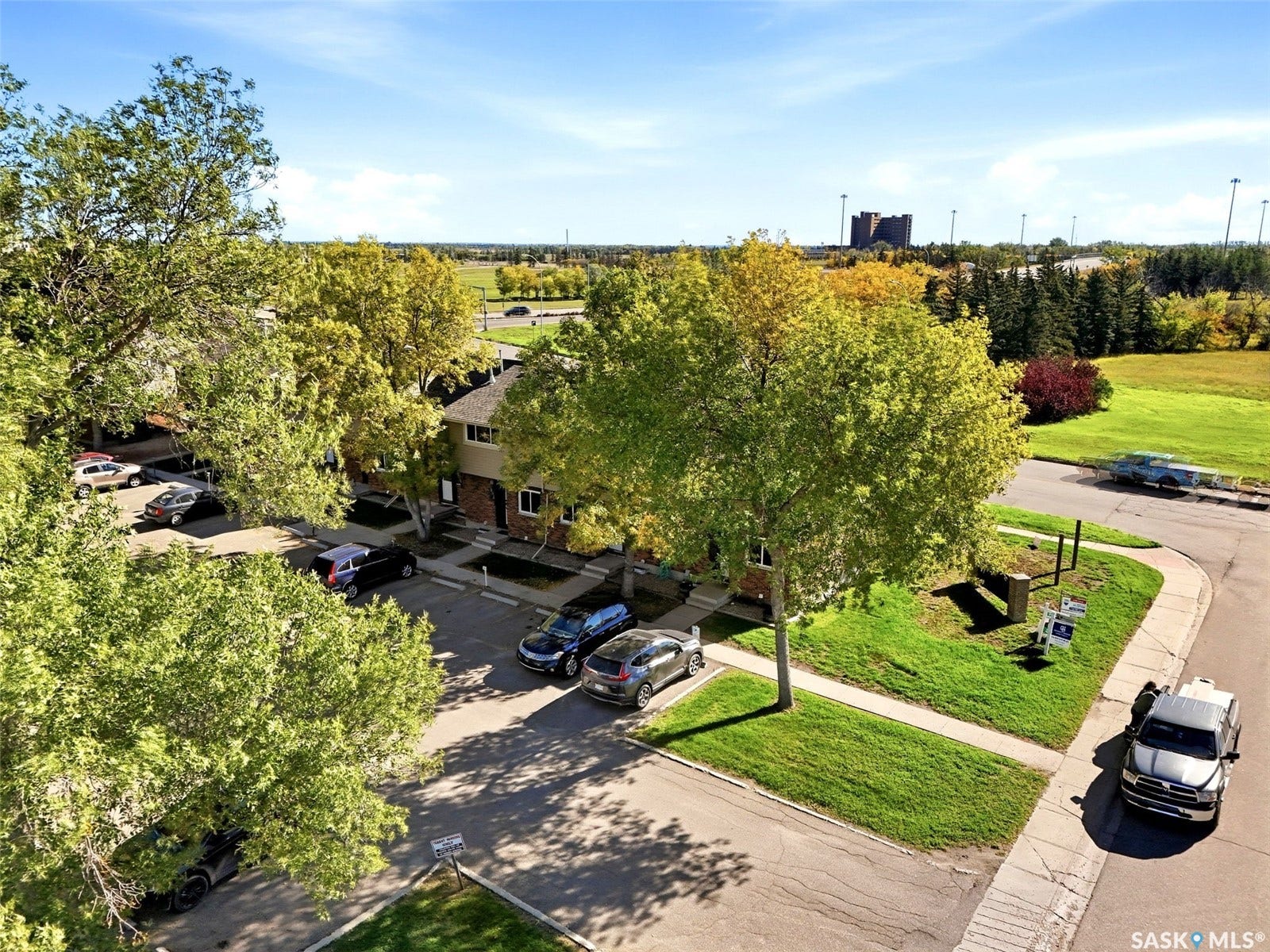 Parking lot with designated spaces, concrete sidewalks, and mature trees