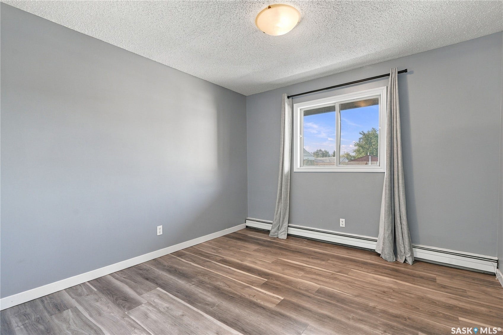 Wood-finish flooring, neutral gray walls, and an overhead flush-mount light fixture