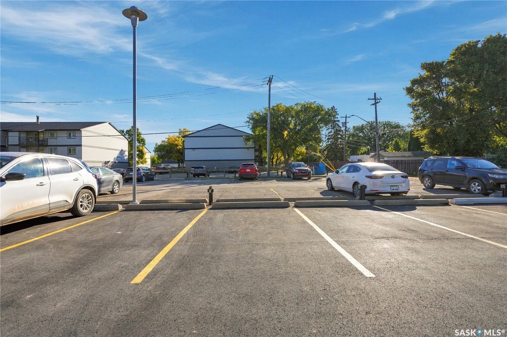 Paved parking area with painted space markers and concrete parking blocks