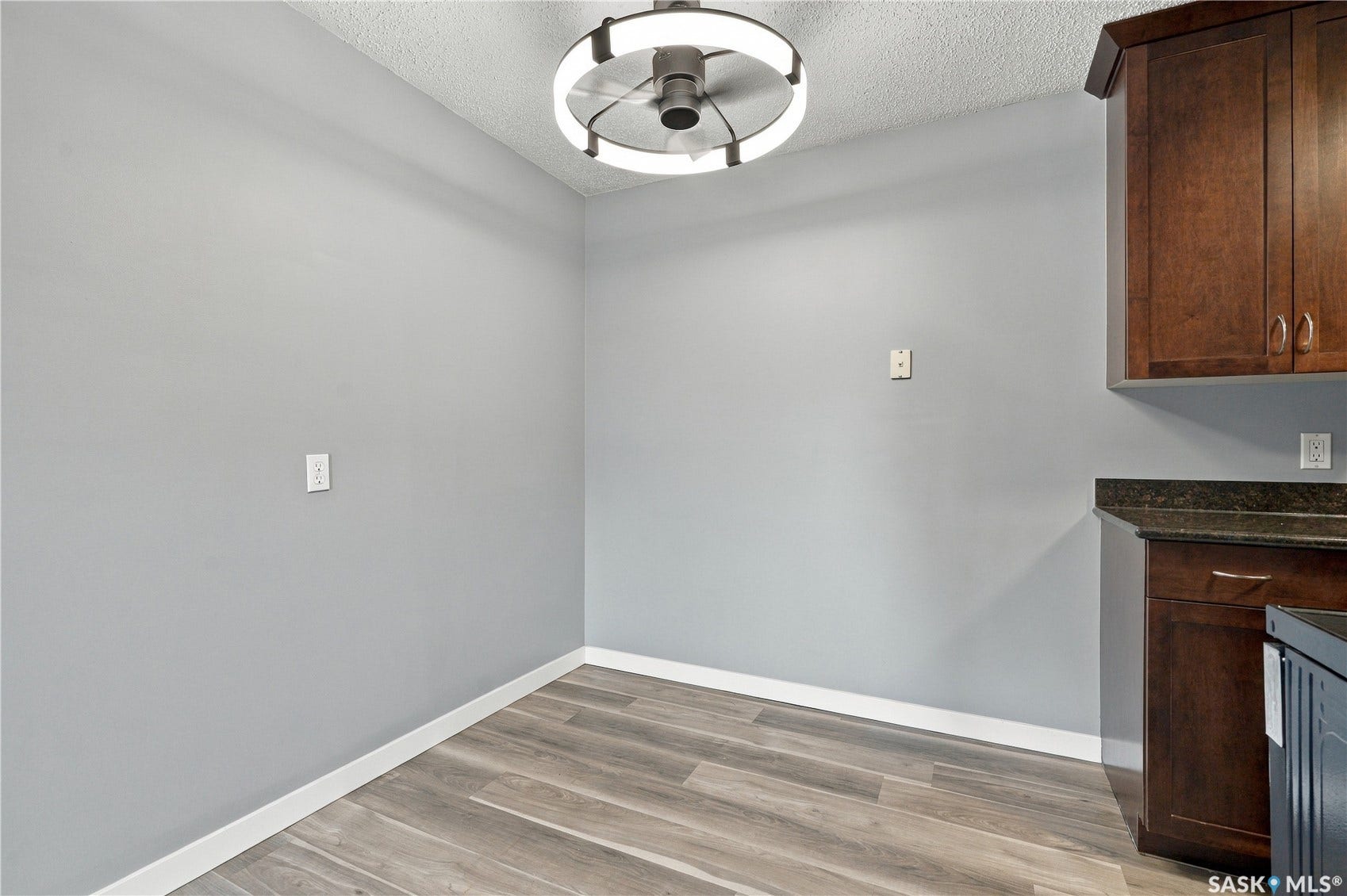 Wood-finish flooring, light gray wall paint, and a modern circular ceiling light fixture