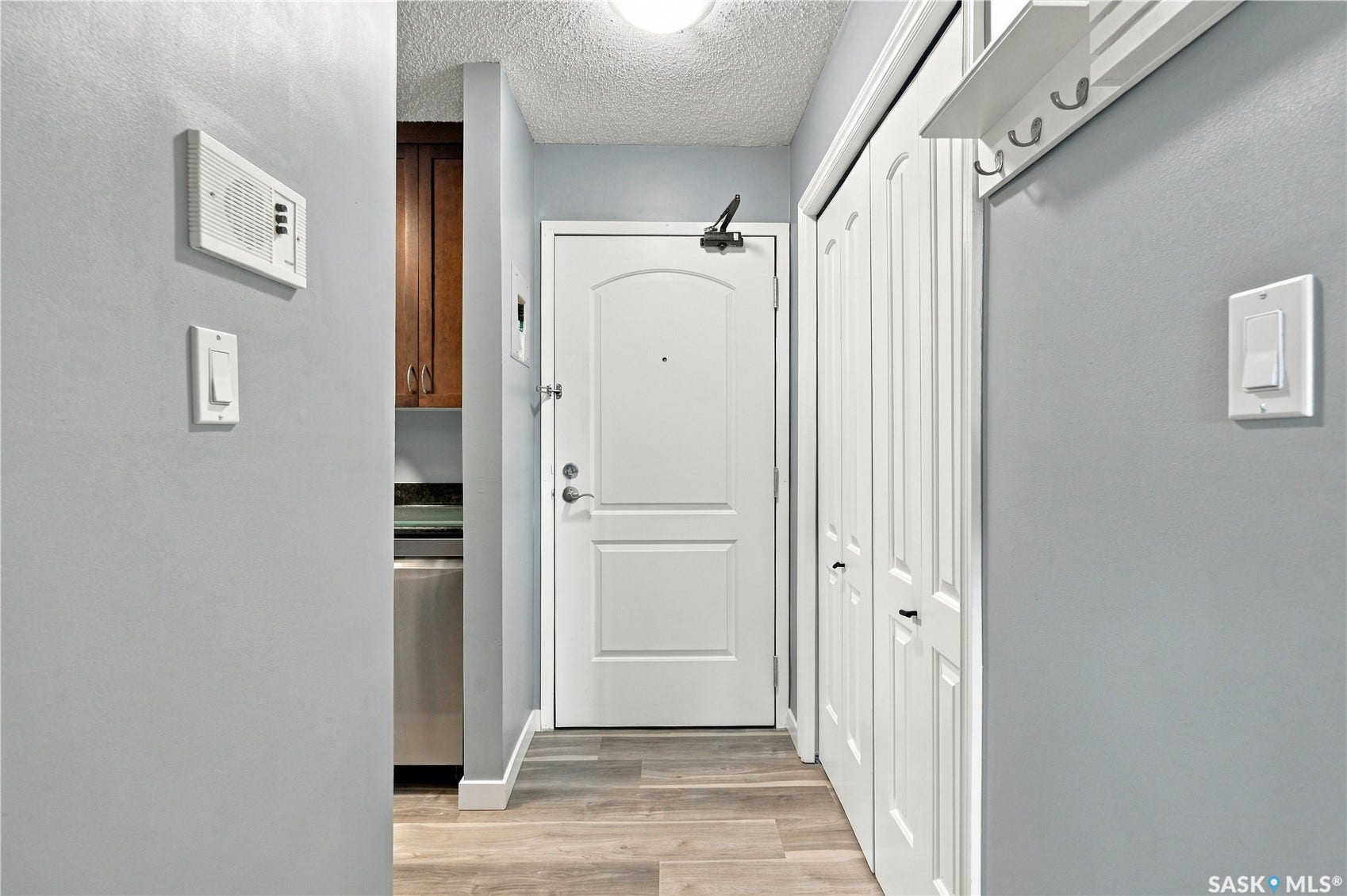 Entryway featuring wood-finish flooring, a white paneled door, and built-in closet storage