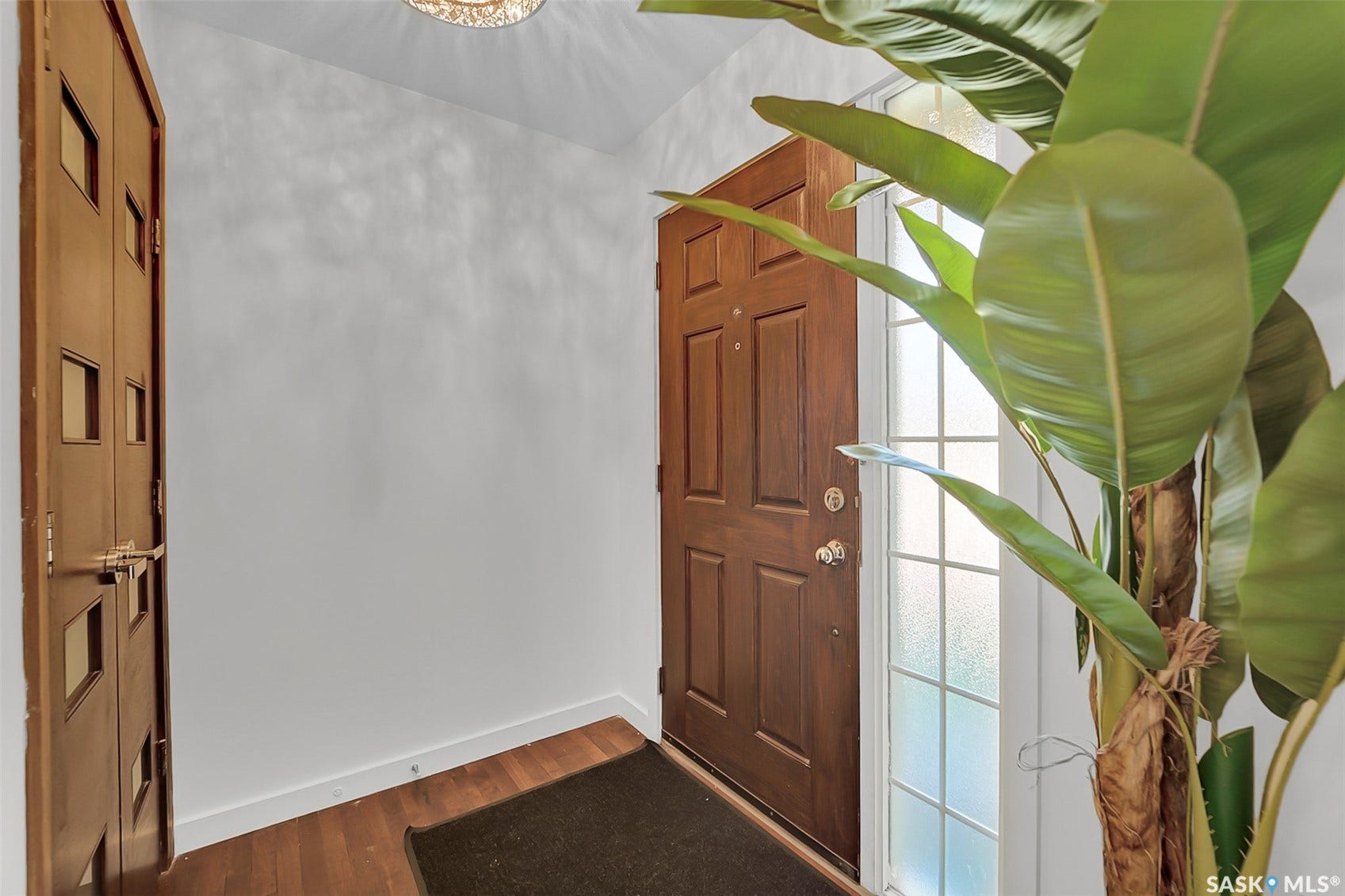 Warm wood-finish door with sidelight