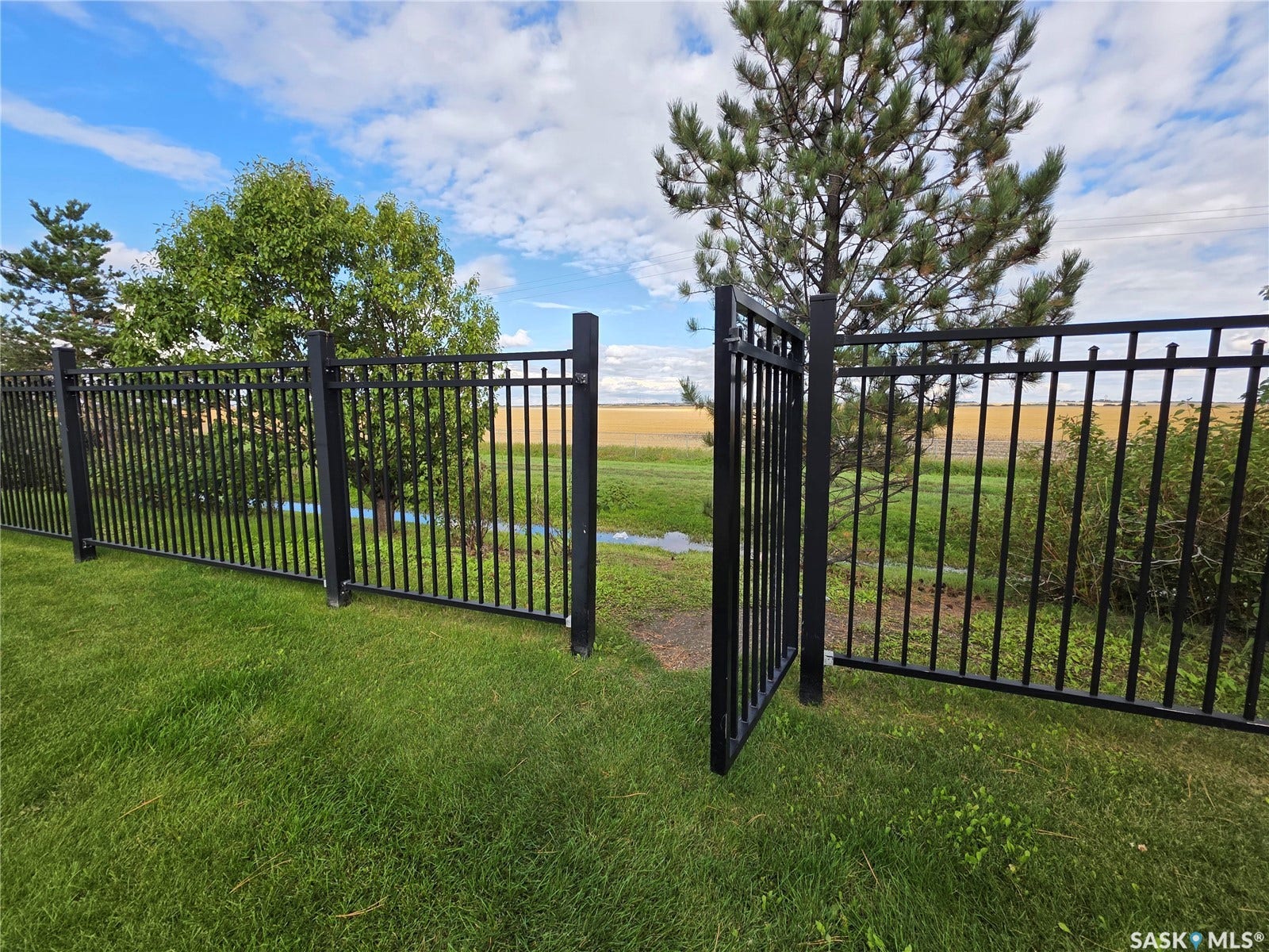 Black metal fencing with an open gate