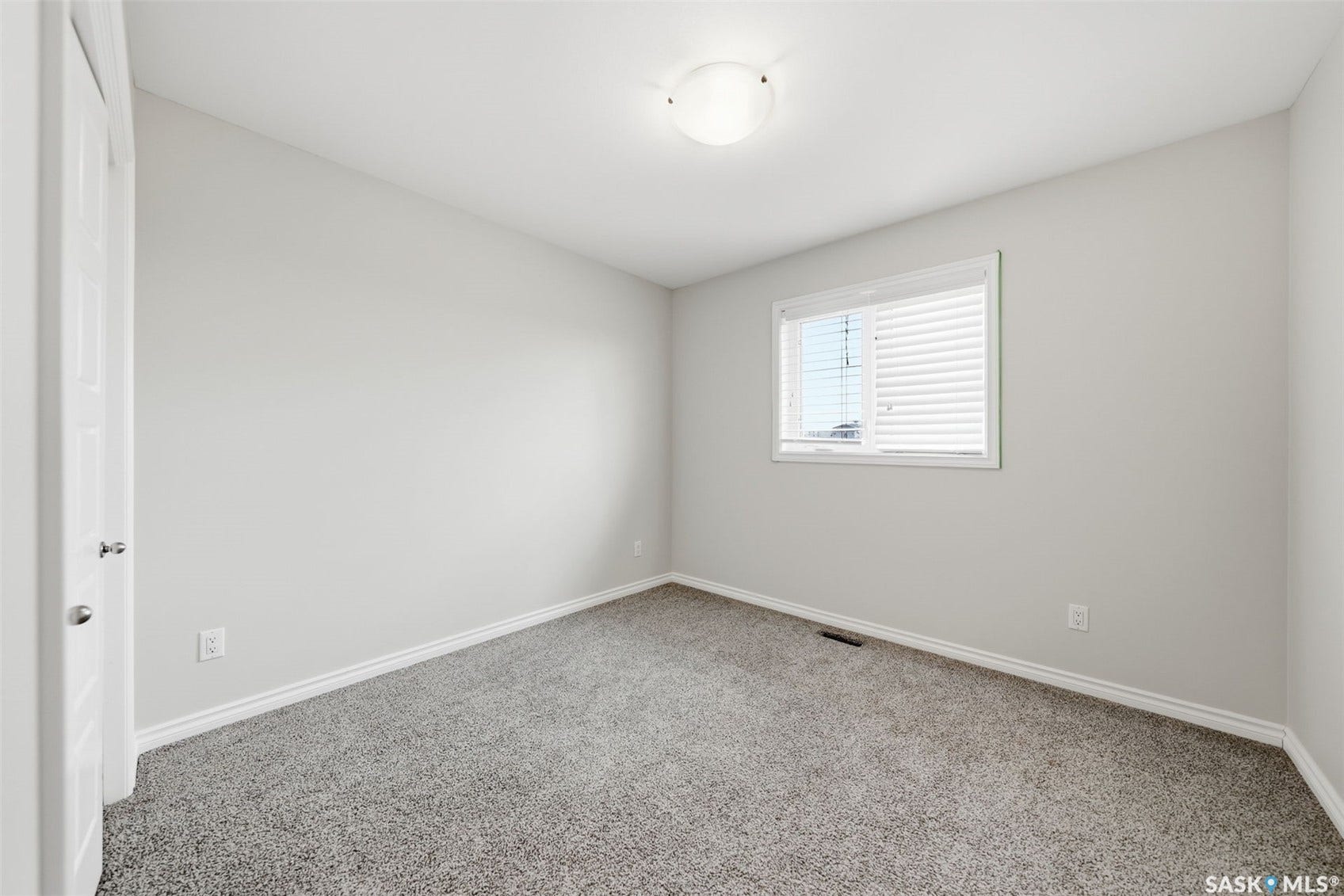 Neutral-toned walls, gray carpeting, and a flush-mount ceiling light