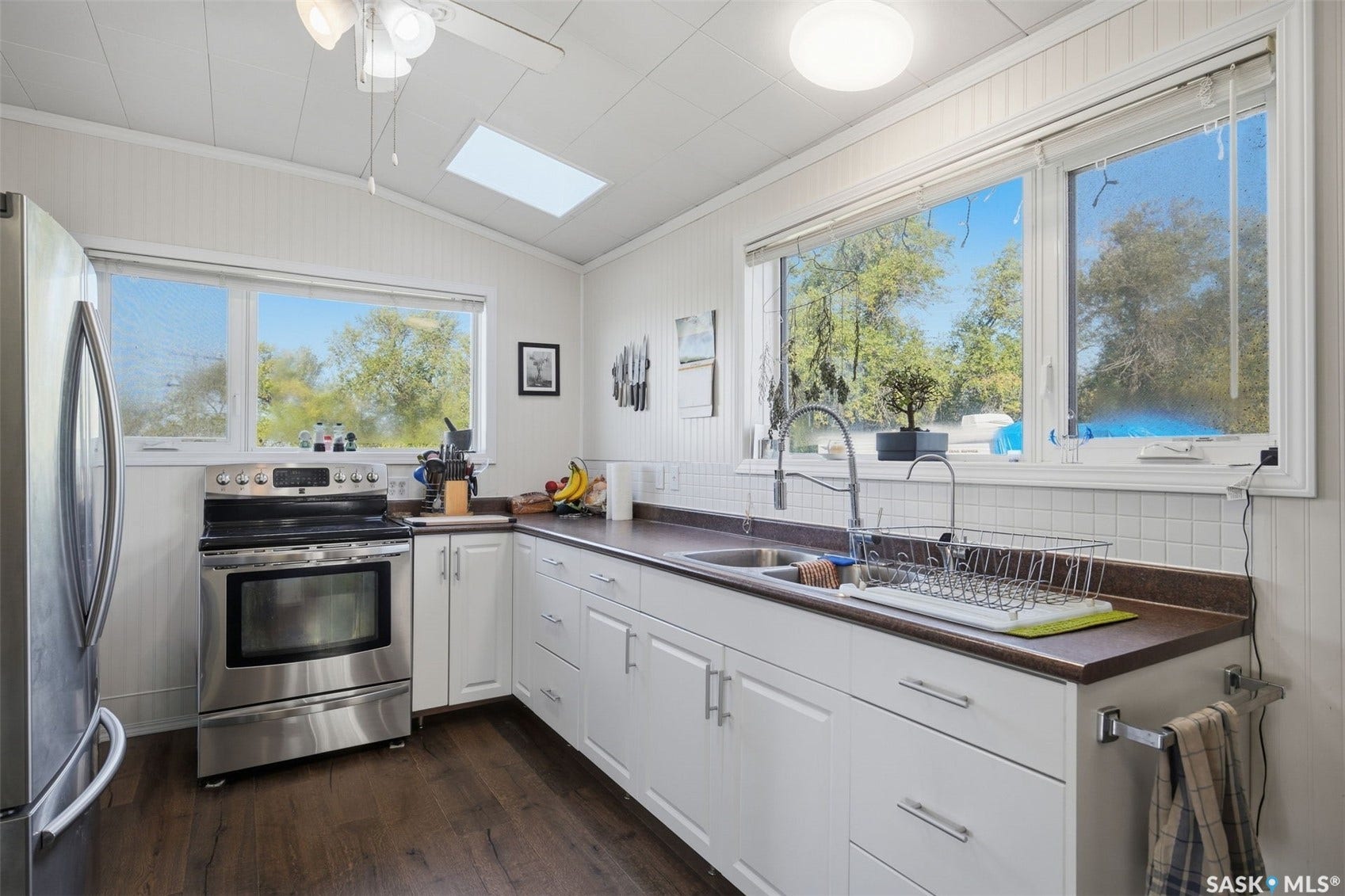 Kitchen featuring white cabinetry, stainless steel appliances, dark countertops, wood-finish flooring, and a skylight