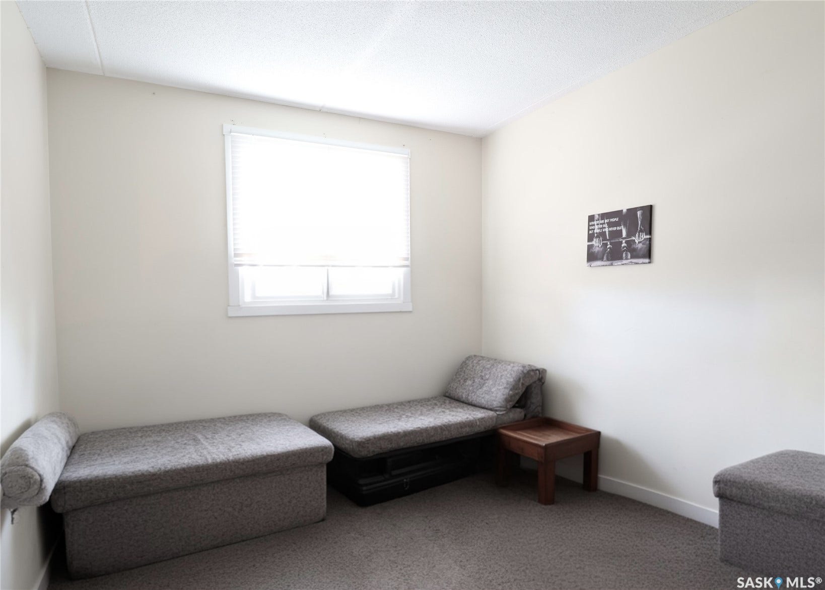 Window with white blinds and trim, light-toned walls, and carpet flooring