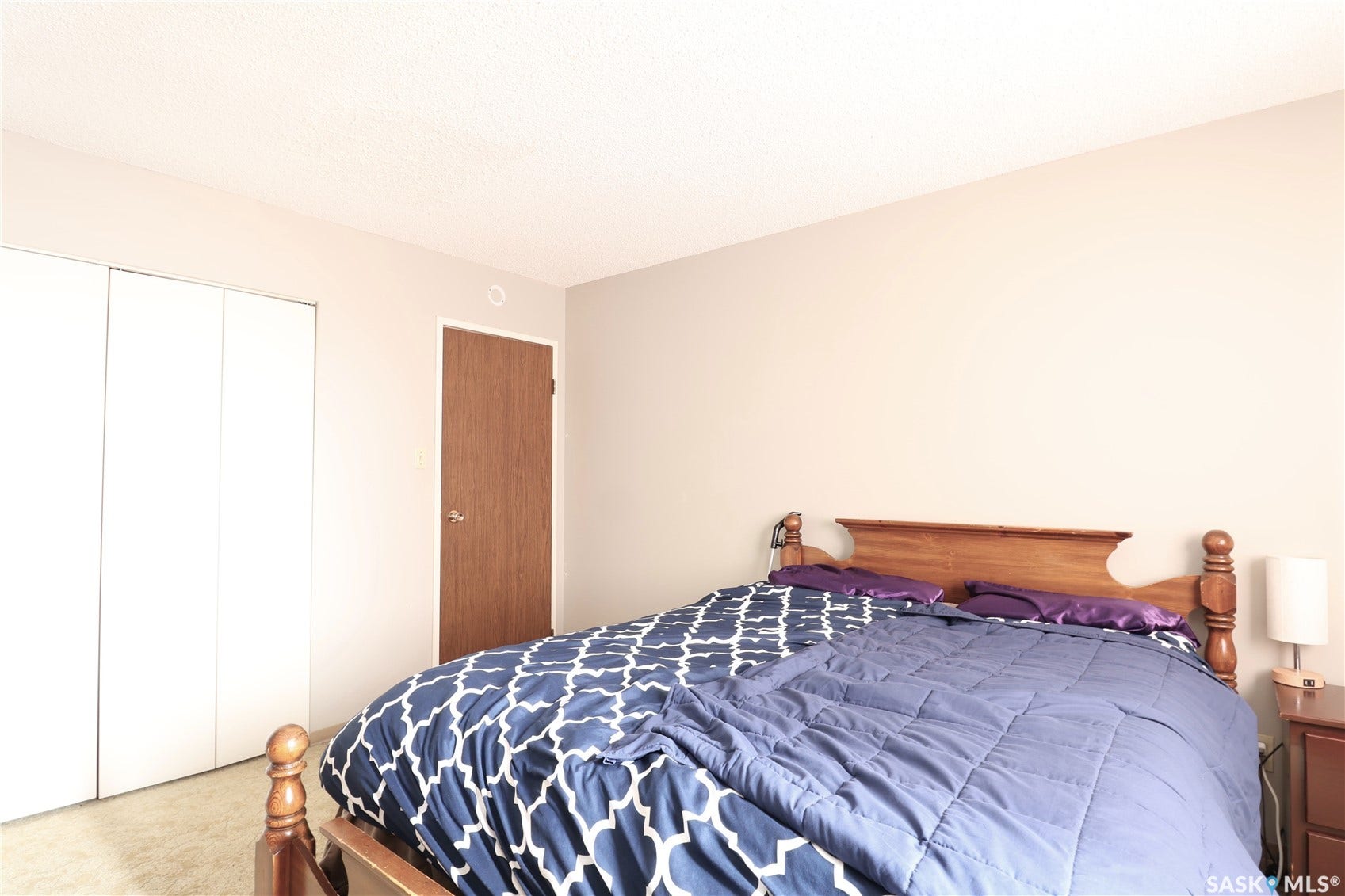 Wood-finish interior door, light-toned walls, and carpet flooring