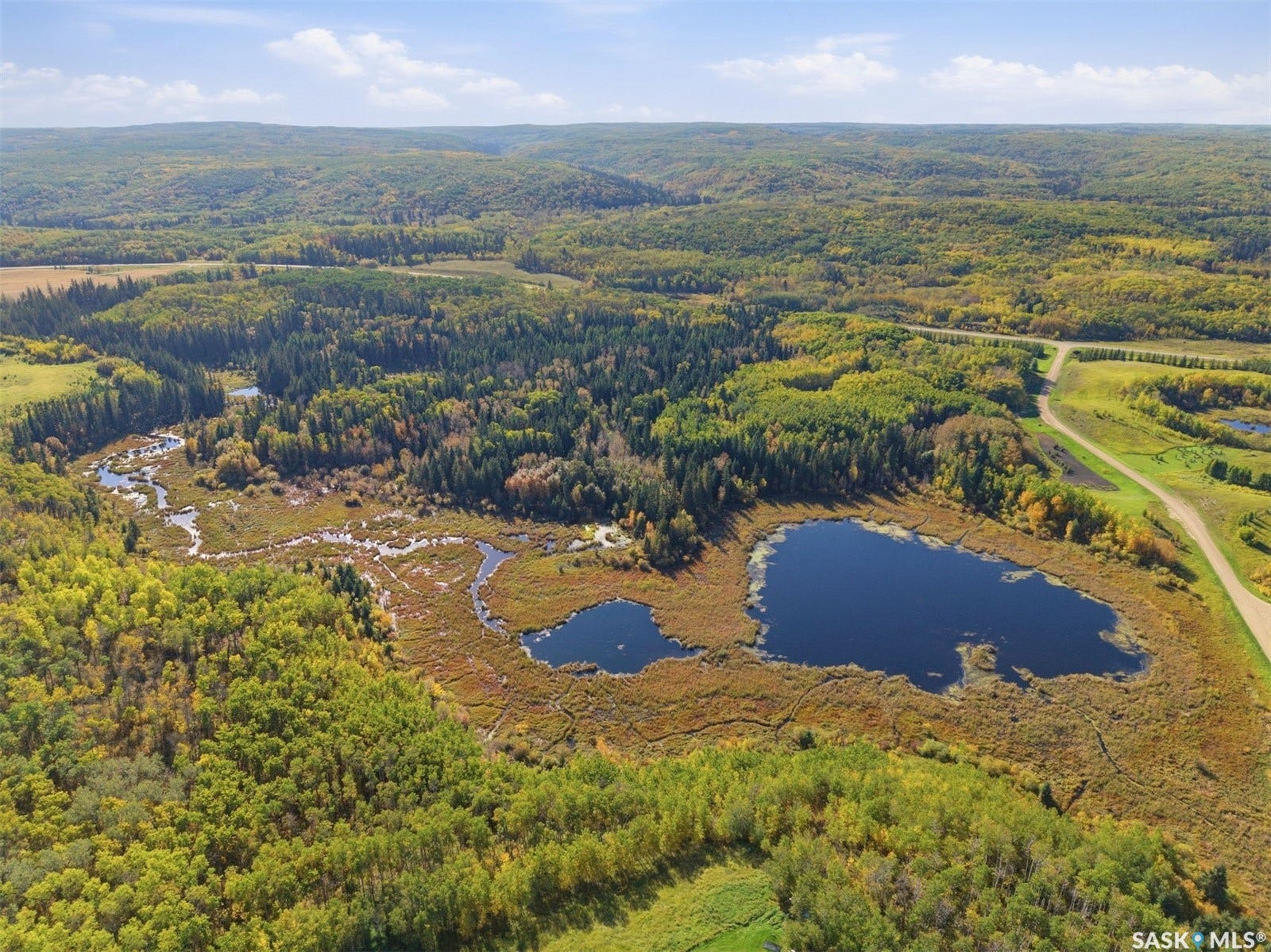 Expansive forested landscape featuring a winding river, multiple tranquil ponds, and distant roadways