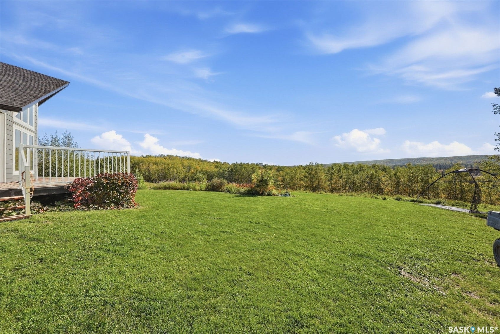 Expansive green lawn with a natural tree line backdrop, featuring a wooden deck with railing and exterior stairs