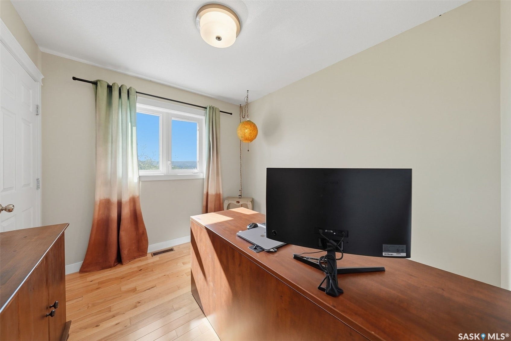 Light-toned wood-finish flooring, white trim, and a ceiling-mounted light fixture