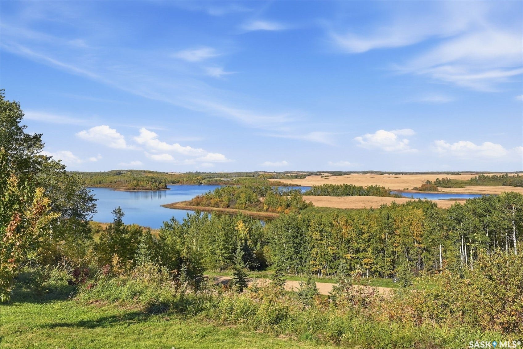 Expansive landscape featuring a large body of water, surrounding trees, and open fields