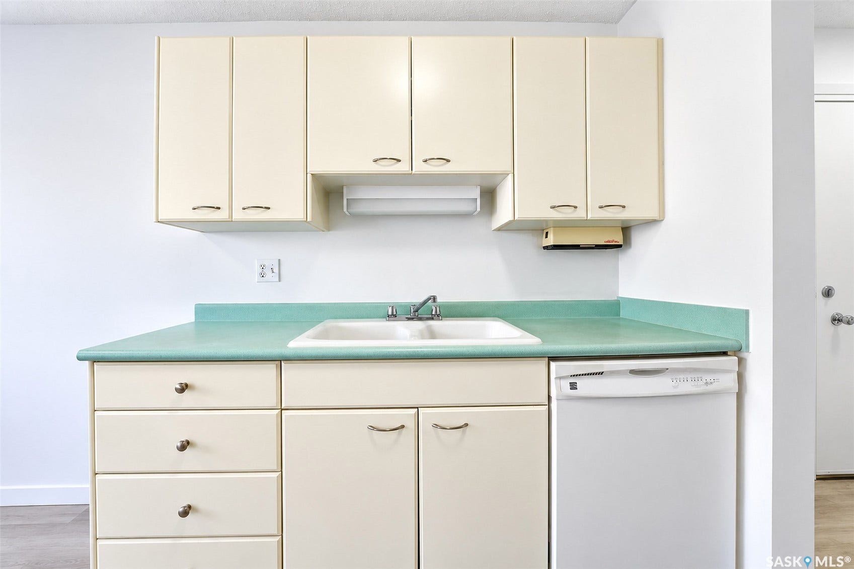 Built-in cabinetry with light-toned finishes, integrated double basin sink, dishwasher, and counter space