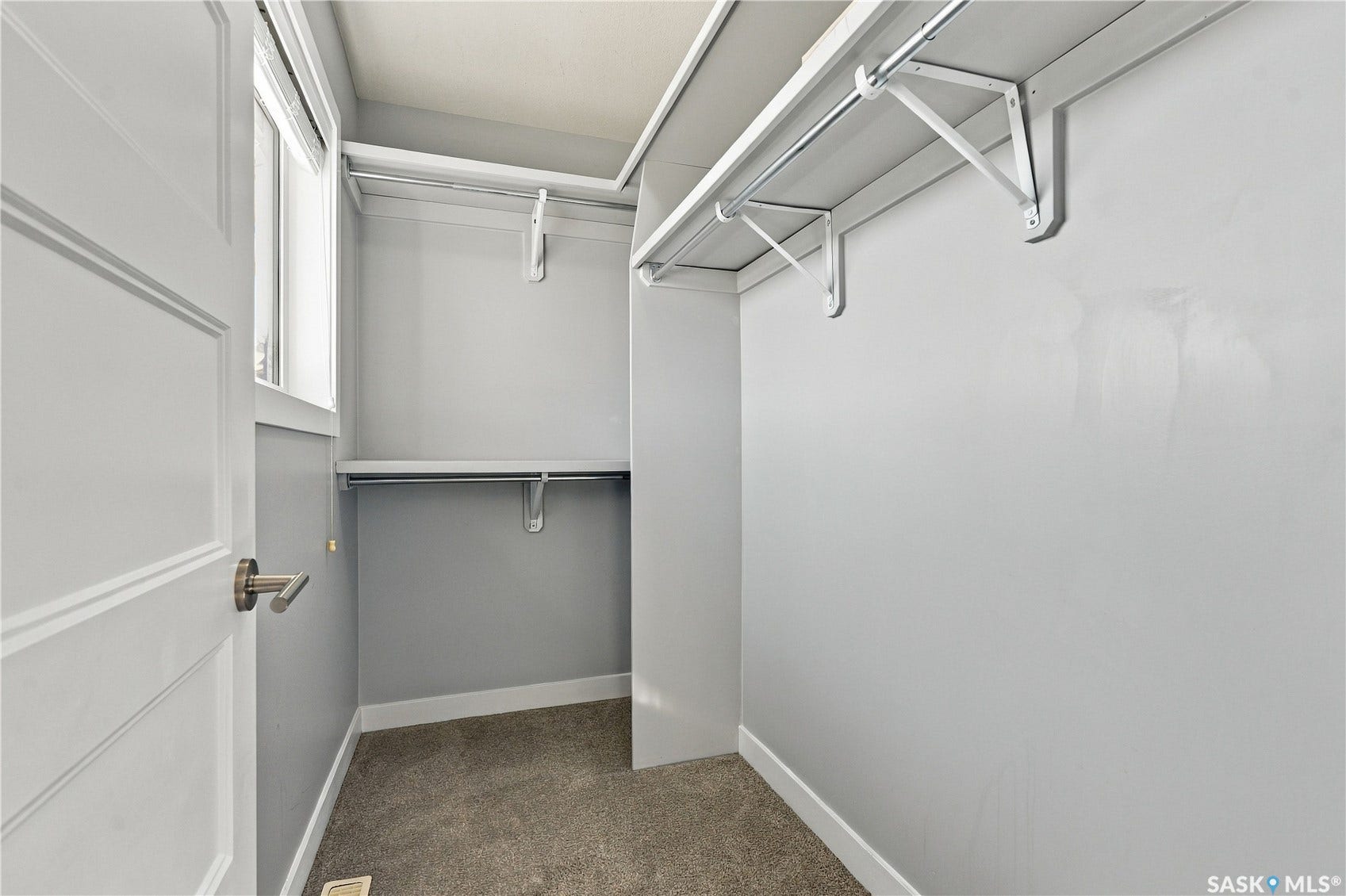 Walk-in closet featuring carpet flooring, built-in shelving, and hanging rods
