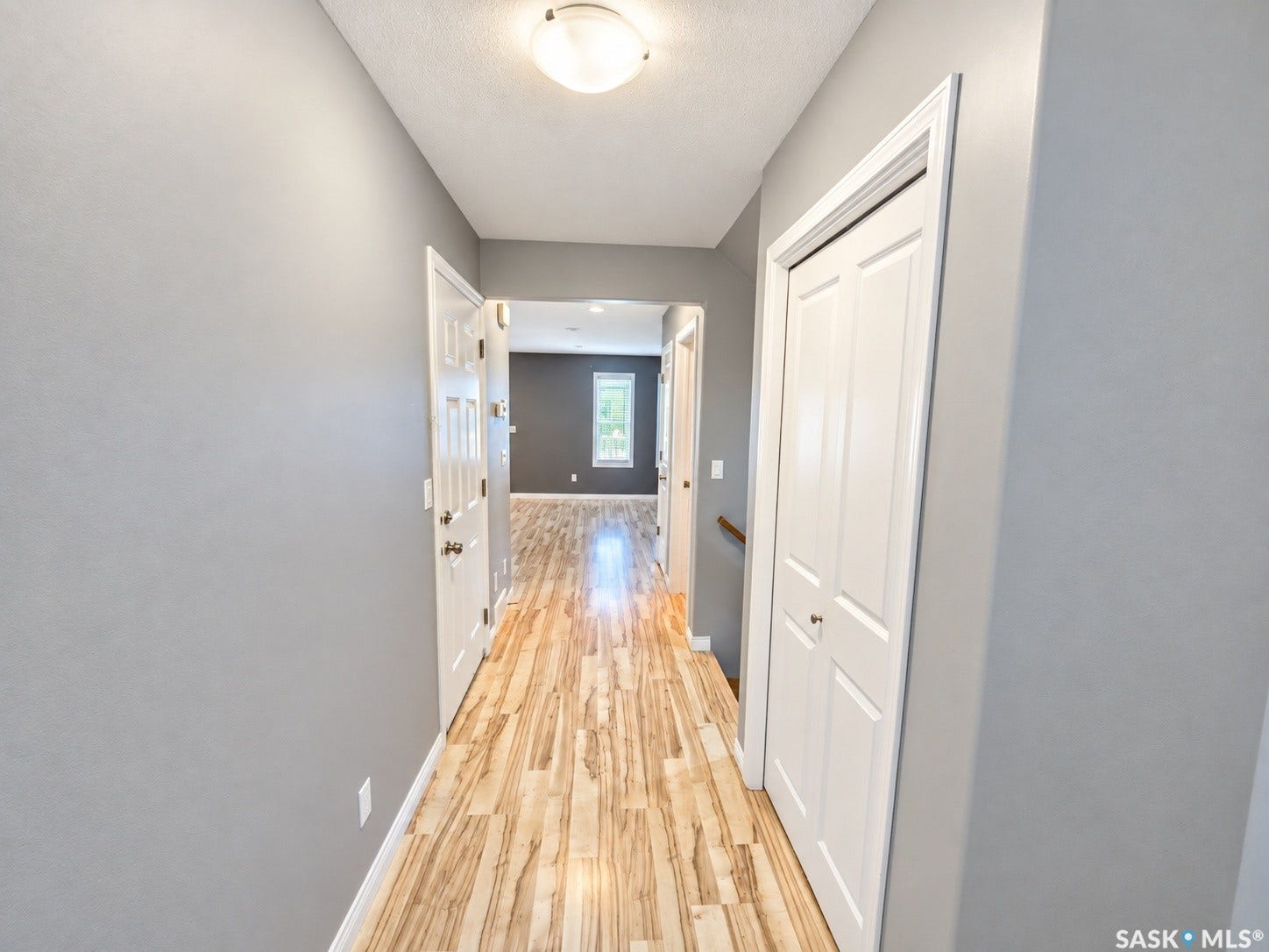 Hallway featuring wood-finish flooring, light gray walls, white trim, a flush mount ceiling light, and a white bi-fold closet door