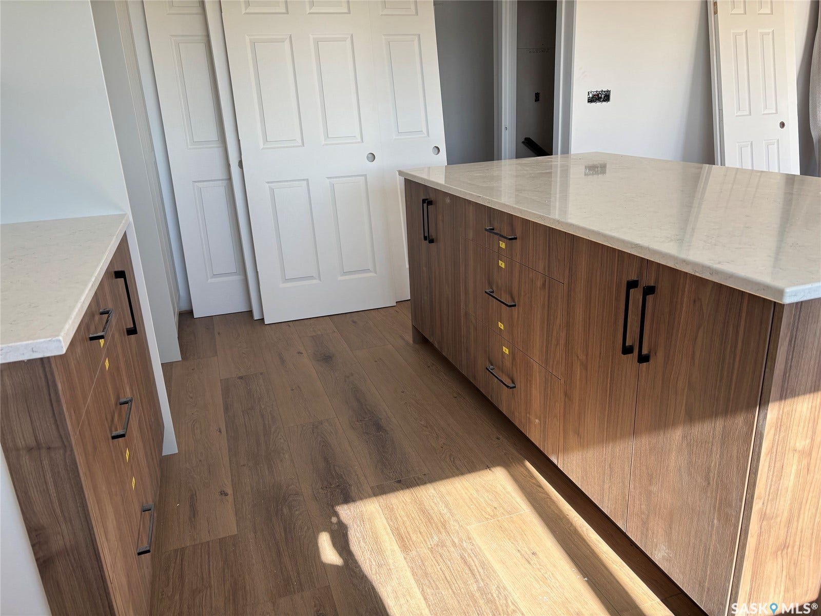 Wood-finish flooring with a light-toned wood grain