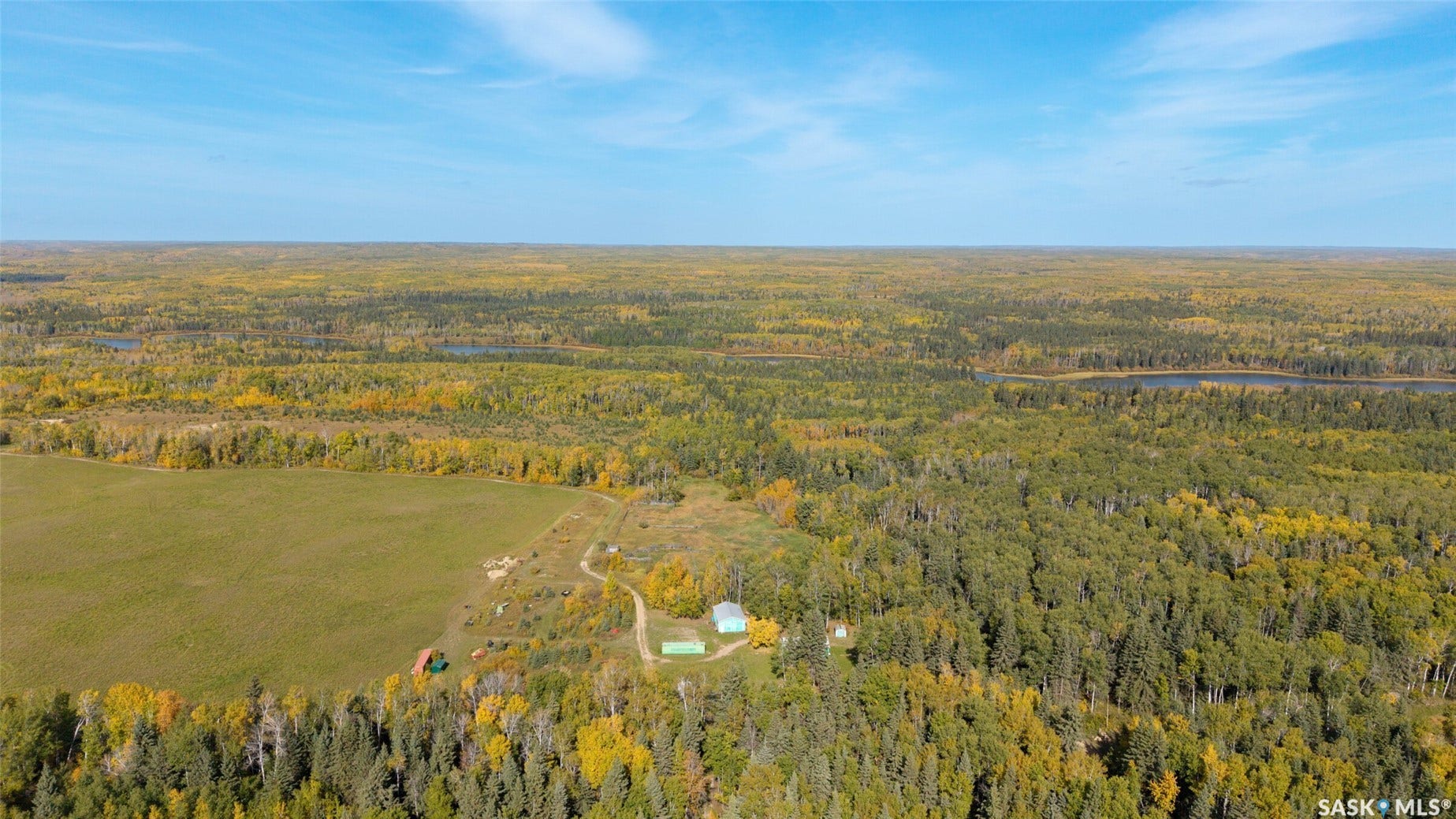 Expansive natural landscape featuring dense tree coverage, a cleared field, and distant water bodies