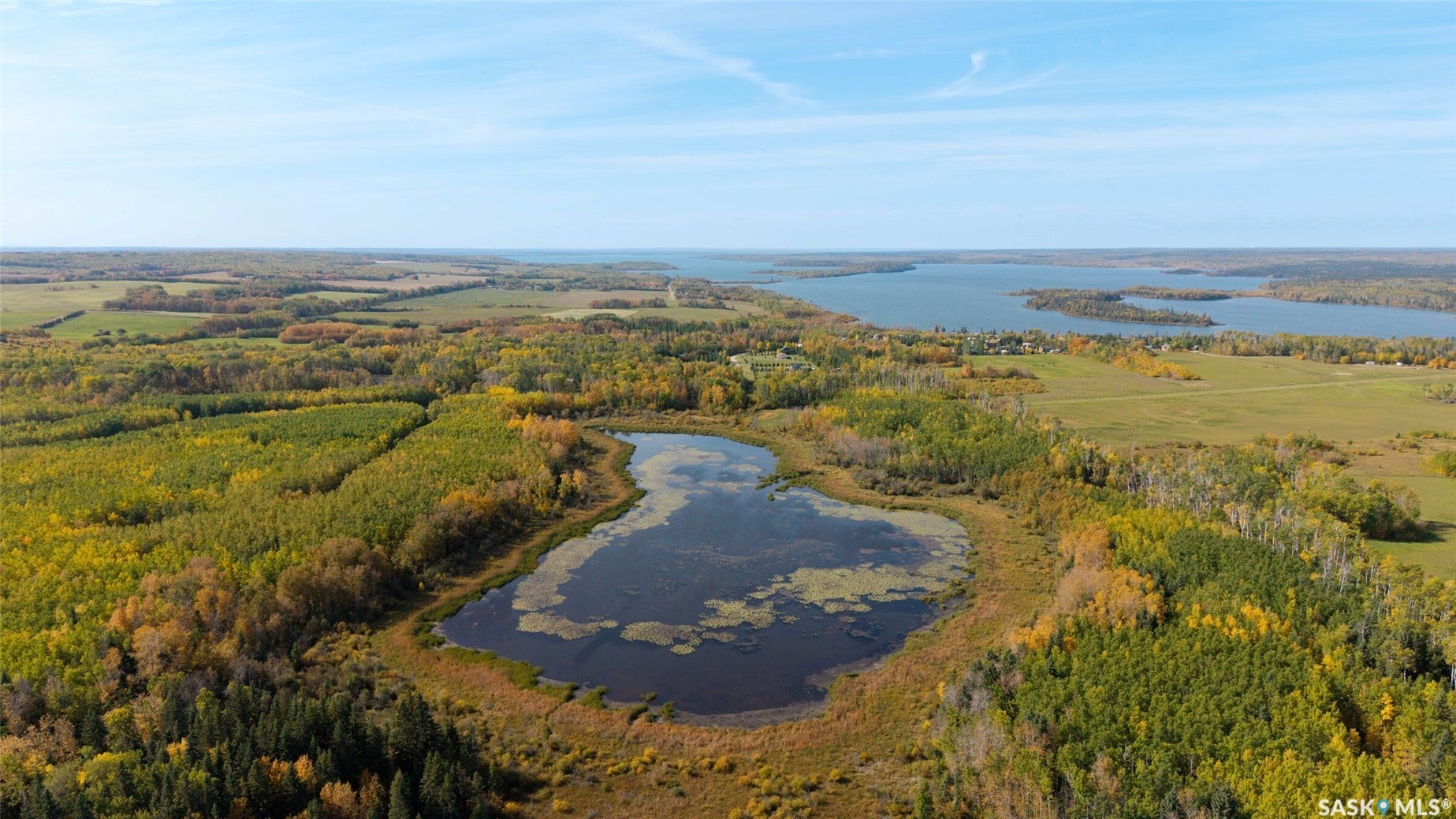 Expansive land featuring a natural pond, surrounding woodlands, and distant body of water