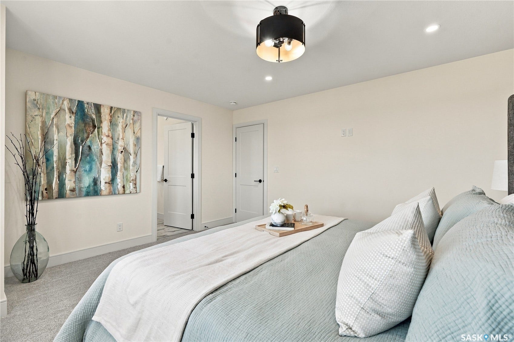 Plush gray carpeting, white painted walls, and white trim throughout