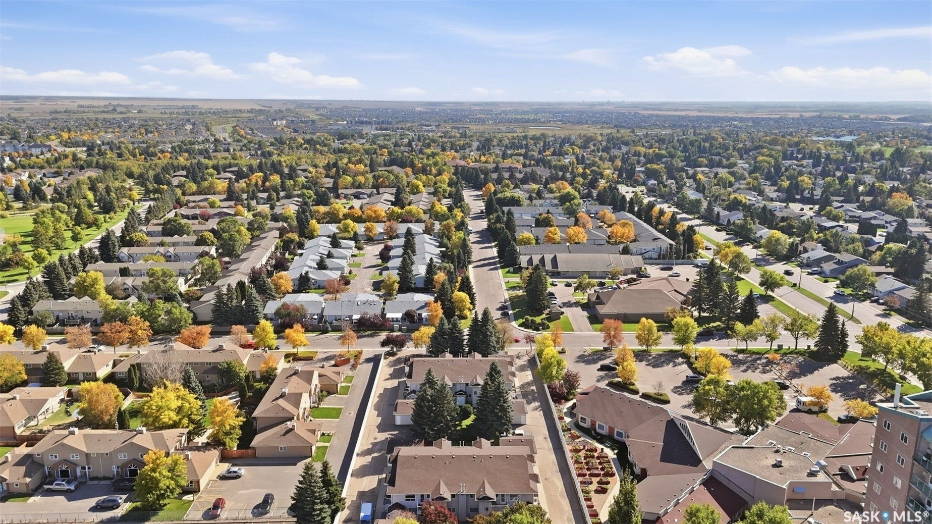 Residential neighborhood featuring mature trees, paved streets, and a mix of single-family homes and multi-story buildings