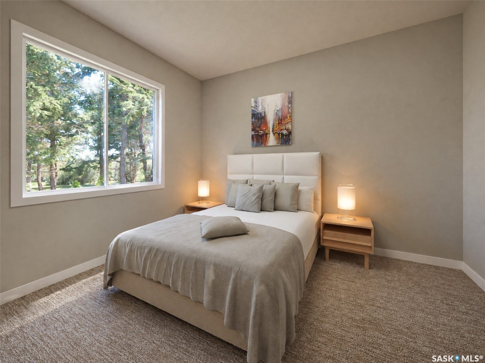 Wall-to-wall carpeting and a large window