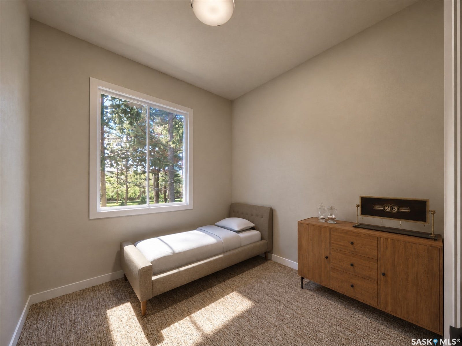 Neutral wall color, window with white trim, and low-pile carpet