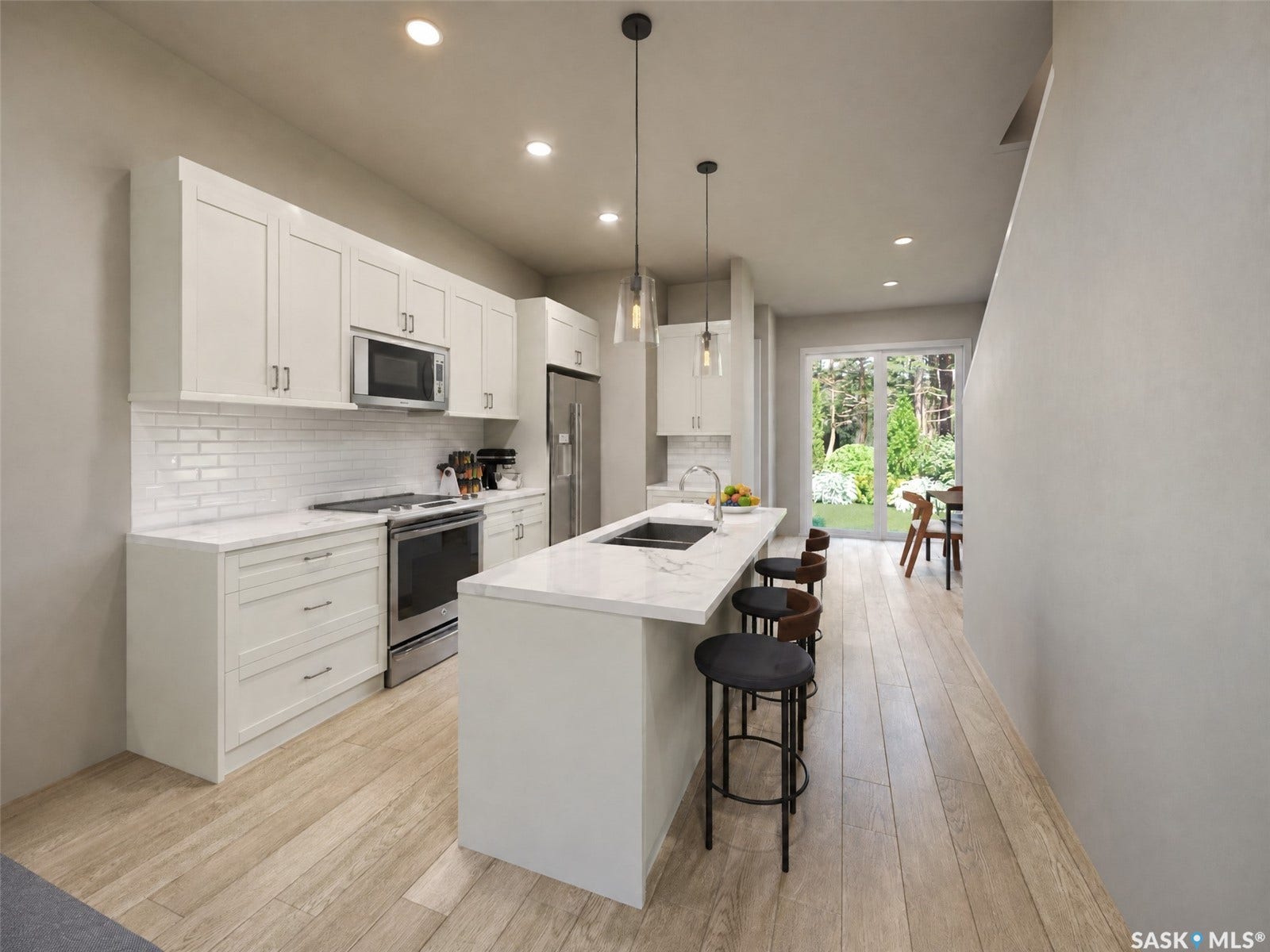 Kitchen featuring white shaker cabinetry, stainless steel appliances, a subway tile backsplash, an island with countertop seating, and wood-finish flooring