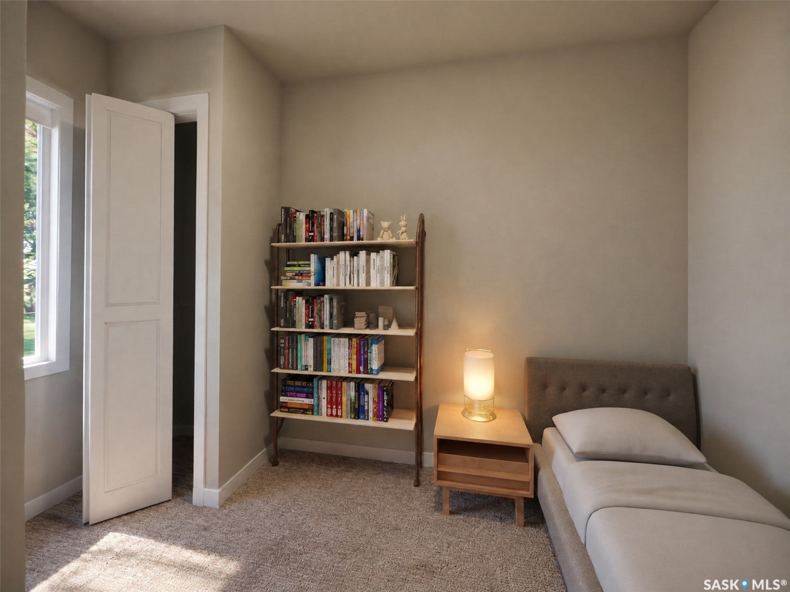 Neutral wall color, carpeted flooring, white trim, and a window with natural light