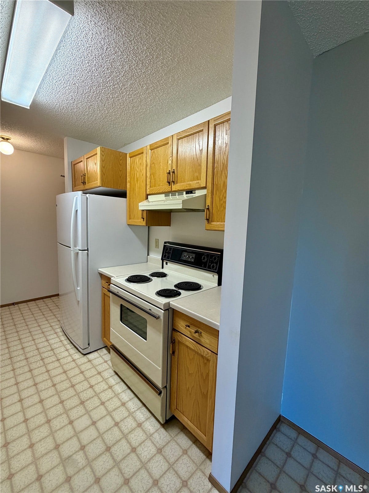 305 1st Street W, #301, Rosetown SK S0L 2V0 Kitchen featuring wood cabinetry, white appliances, and a patterned floor