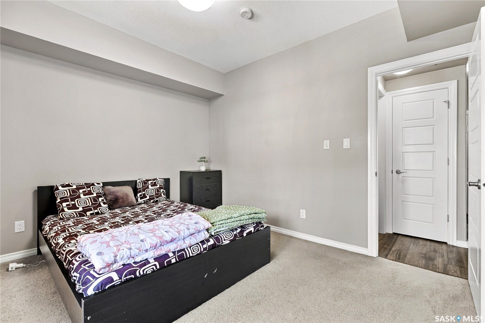 Neutral wall paint, carpet flooring, flat panel interior doors, recessed ceiling element, wood-finish flooring in doorway