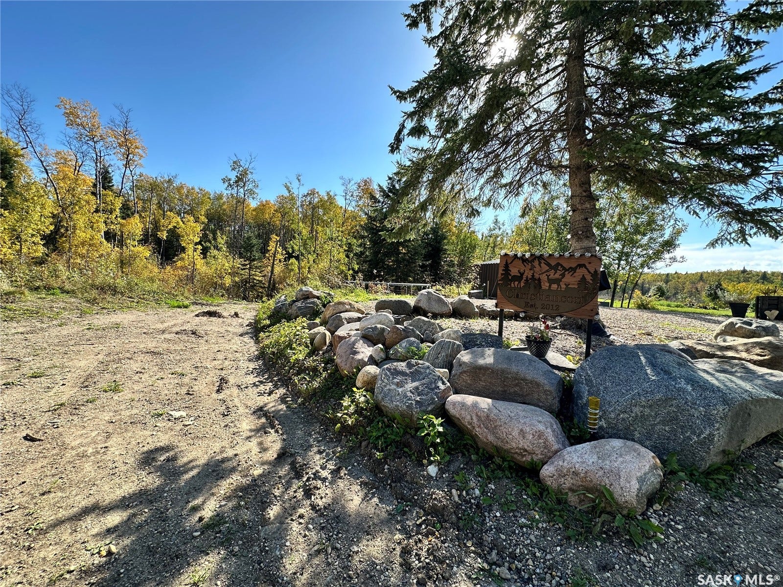 Gravel terrain bordered by a natural stone rock wall, featuring a mature evergreen tree