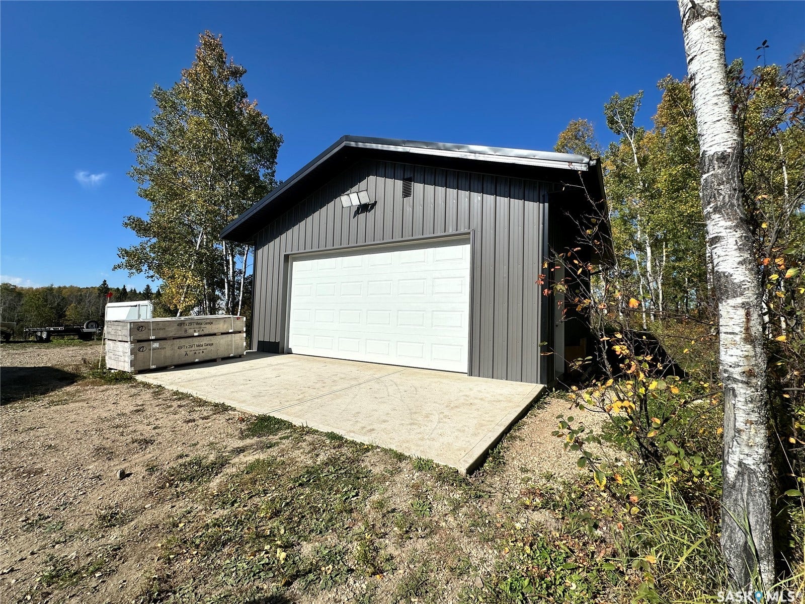 Detached structure with vertical panel siding, a roll-up garage door, and a concrete approach pad
