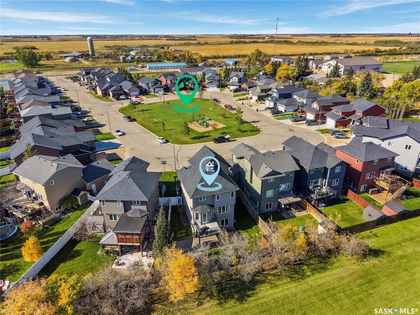 Aerial view of the home in the cul-de-sac and view of the playground