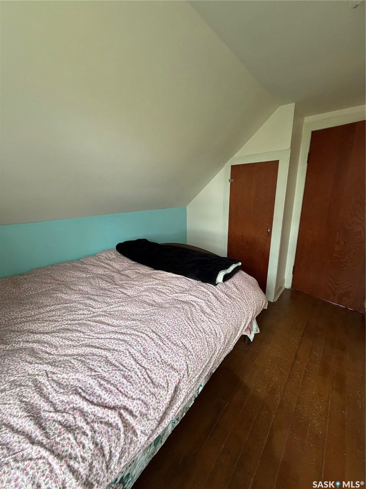 Room featuring wood-finish flooring, two wood-paneled doors, and an angled ceiling