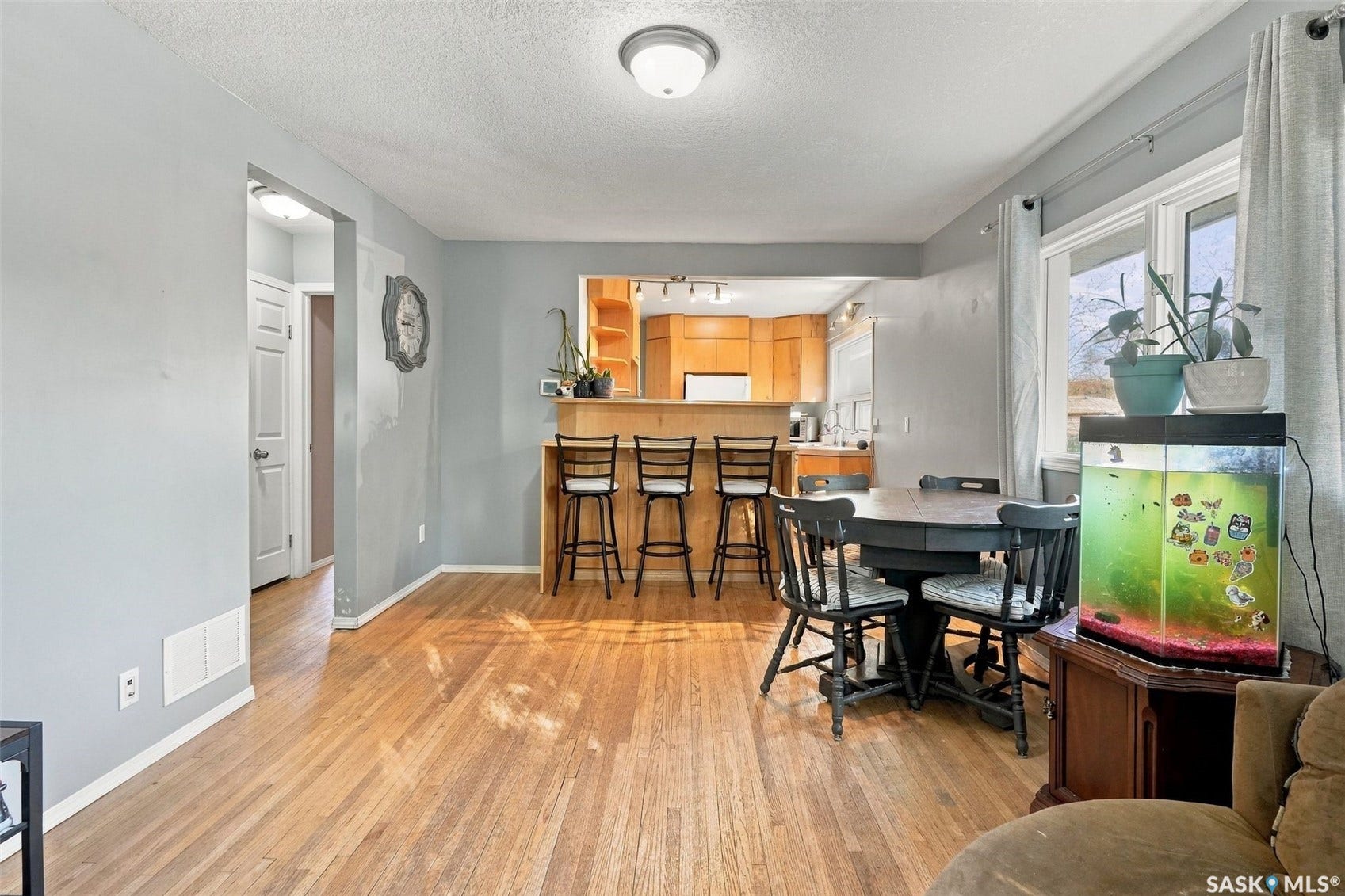 Hardwood flooring throughout the main living area