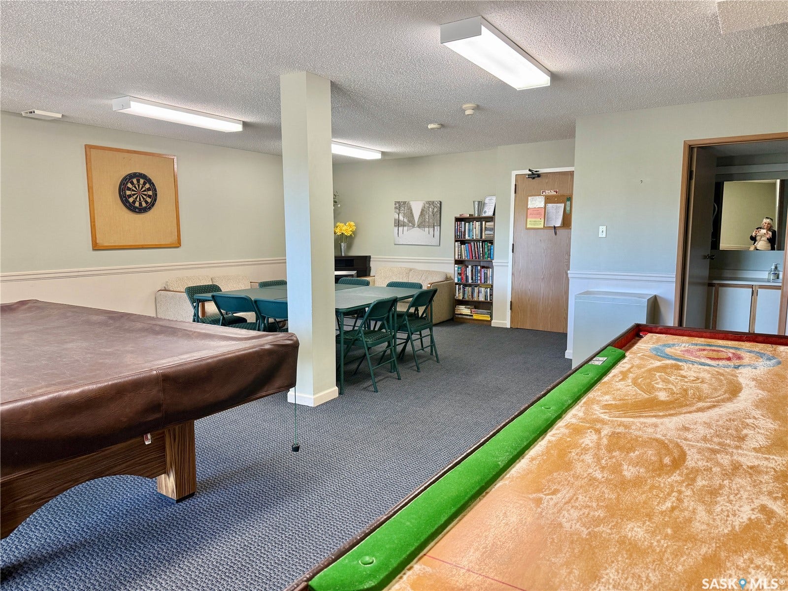 Recreational room featuring carpet flooring, drop ceiling, and surface-mounted fluorescent lighting