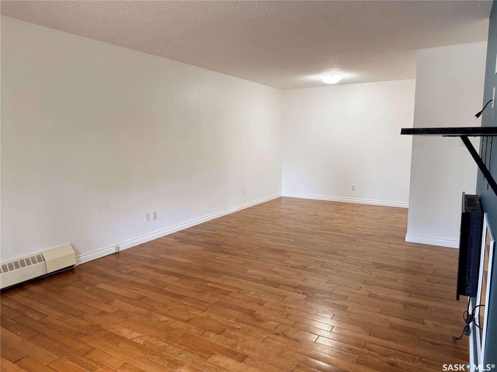 Hardwood flooring throughout, white baseboards, and a semi-flush ceiling light fixture