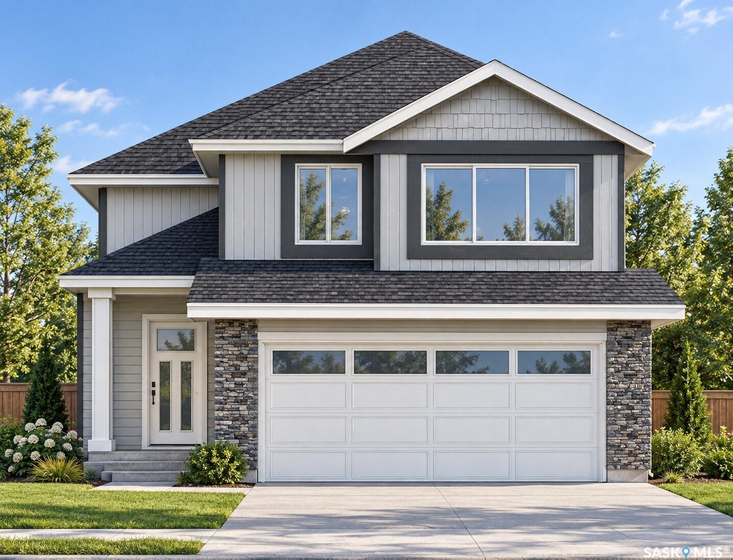 Two-story exterior with a shingle roof, stone accents, a paneled garage door, and a concrete driveway