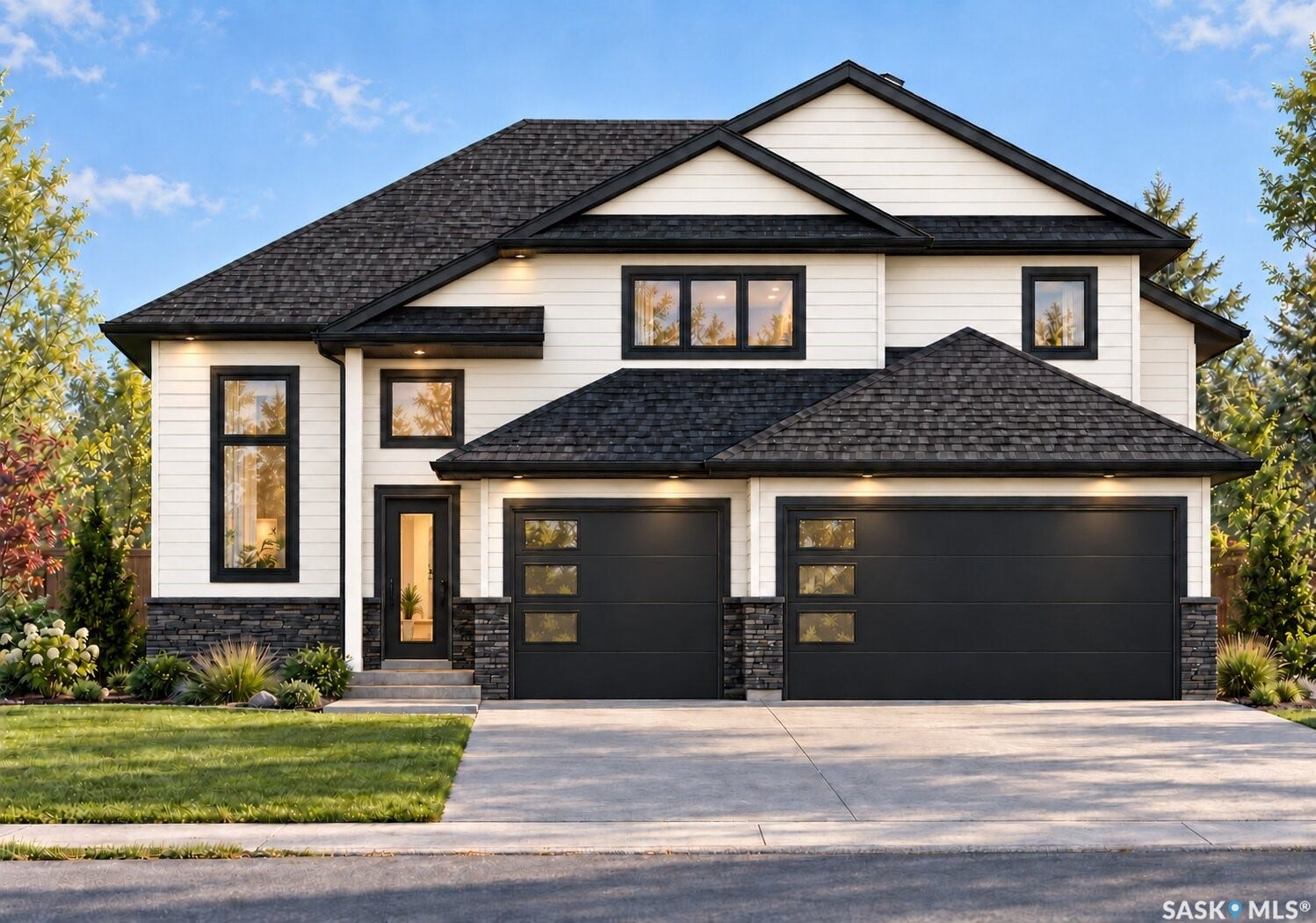 Modern two-story exterior with white siding and dark trim, featuring a dark shingle roof, integrated two-car garage with frosted paneled doors, and stone accents