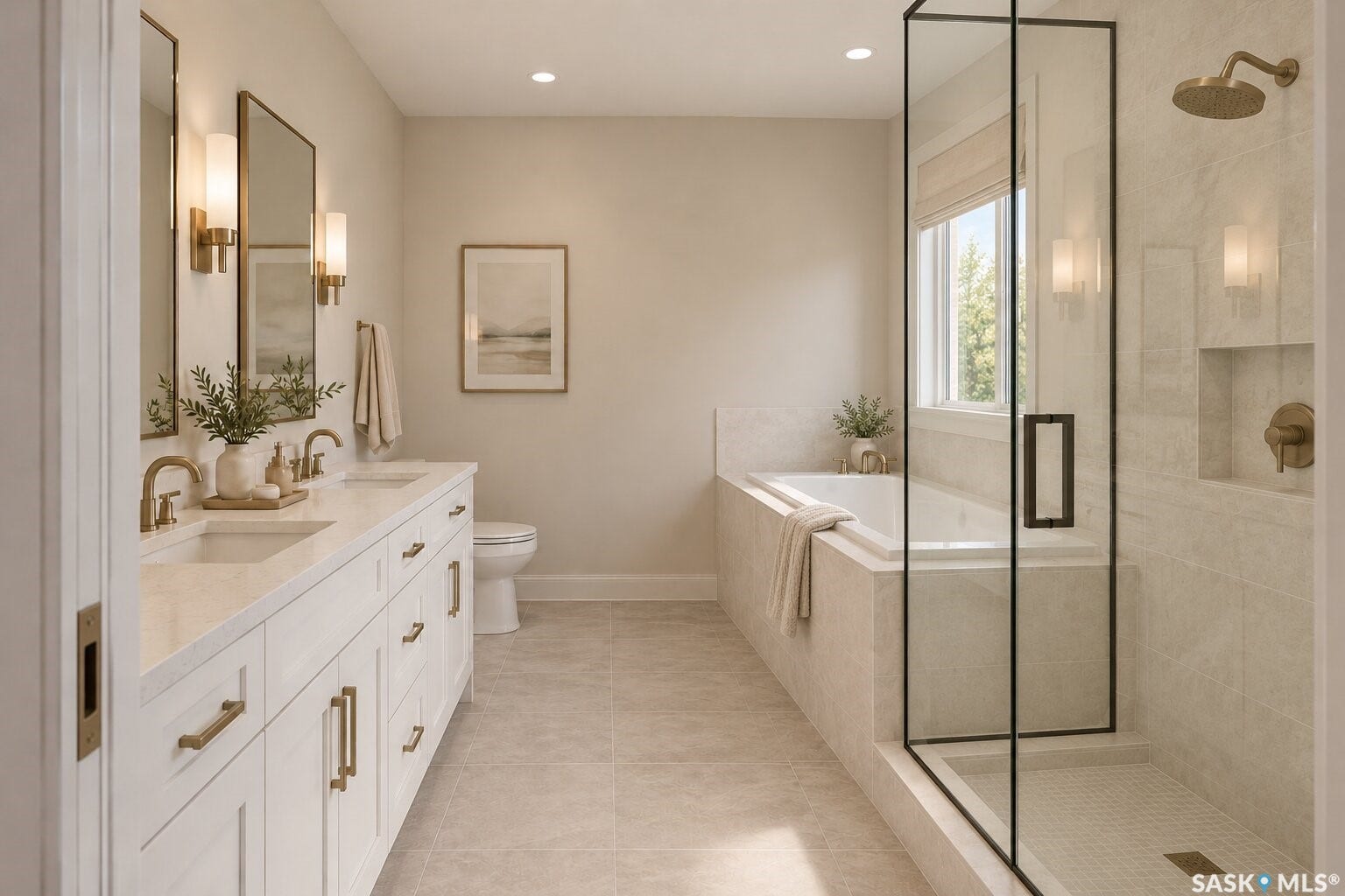 Dual vanity with white cabinetry, gold-tone hardware, and integrated sinks