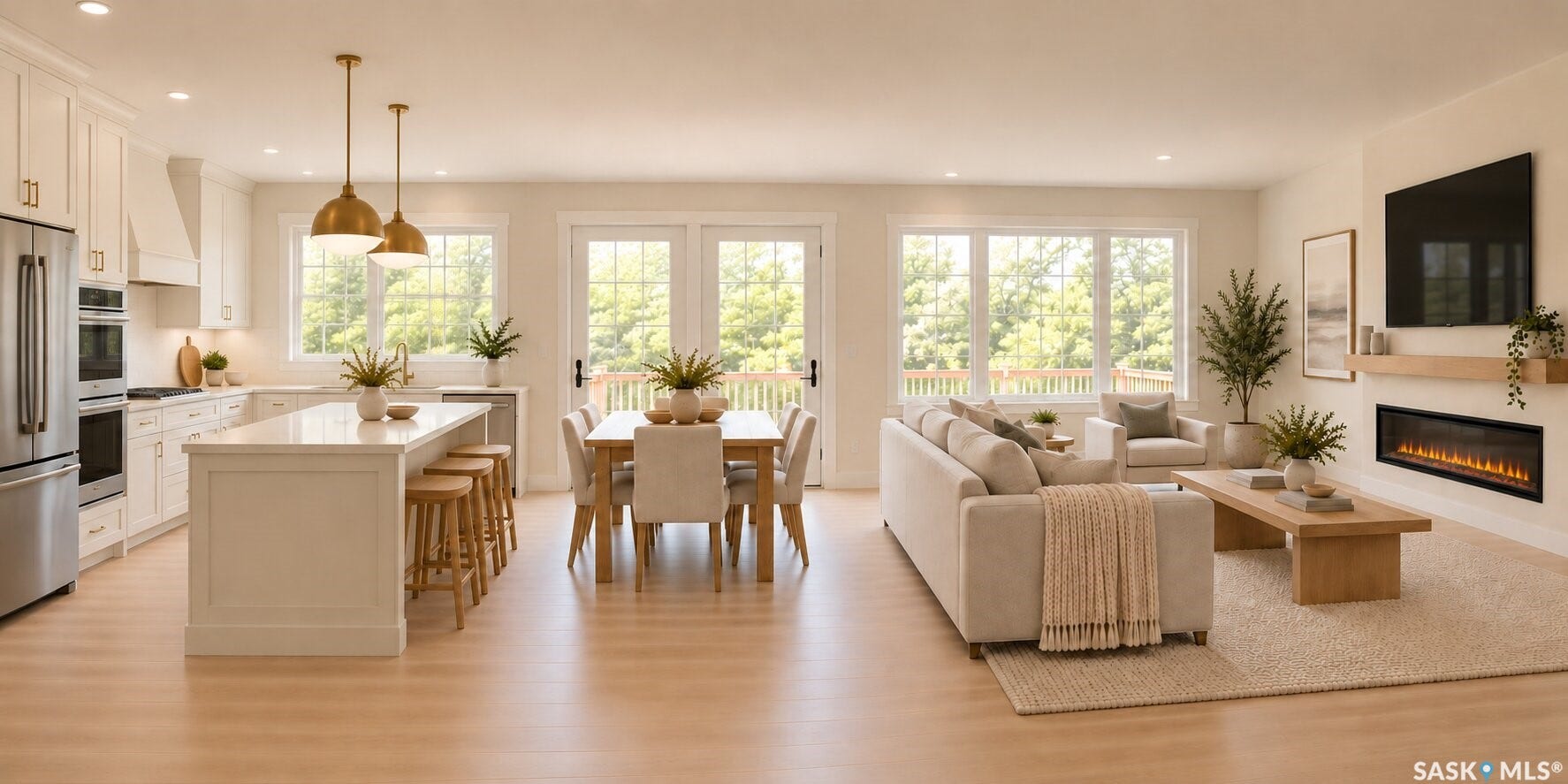 Open-concept living space featuring a modern kitchen with a large island, stainless steel appliances, and wood-finish flooring