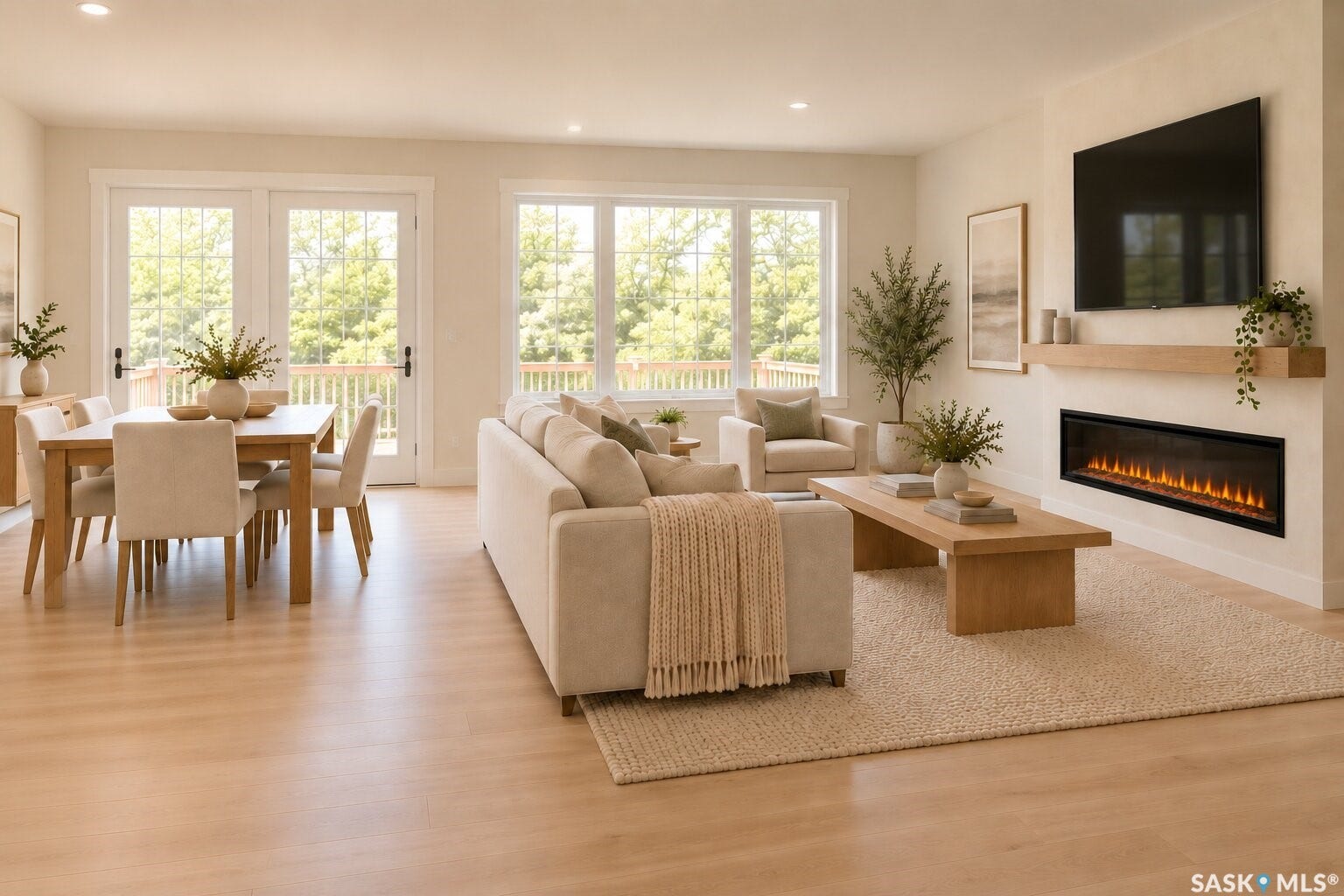 Wood-finish flooring throughout, complemented by a built-in linear electric fireplace and a floating wood mantel