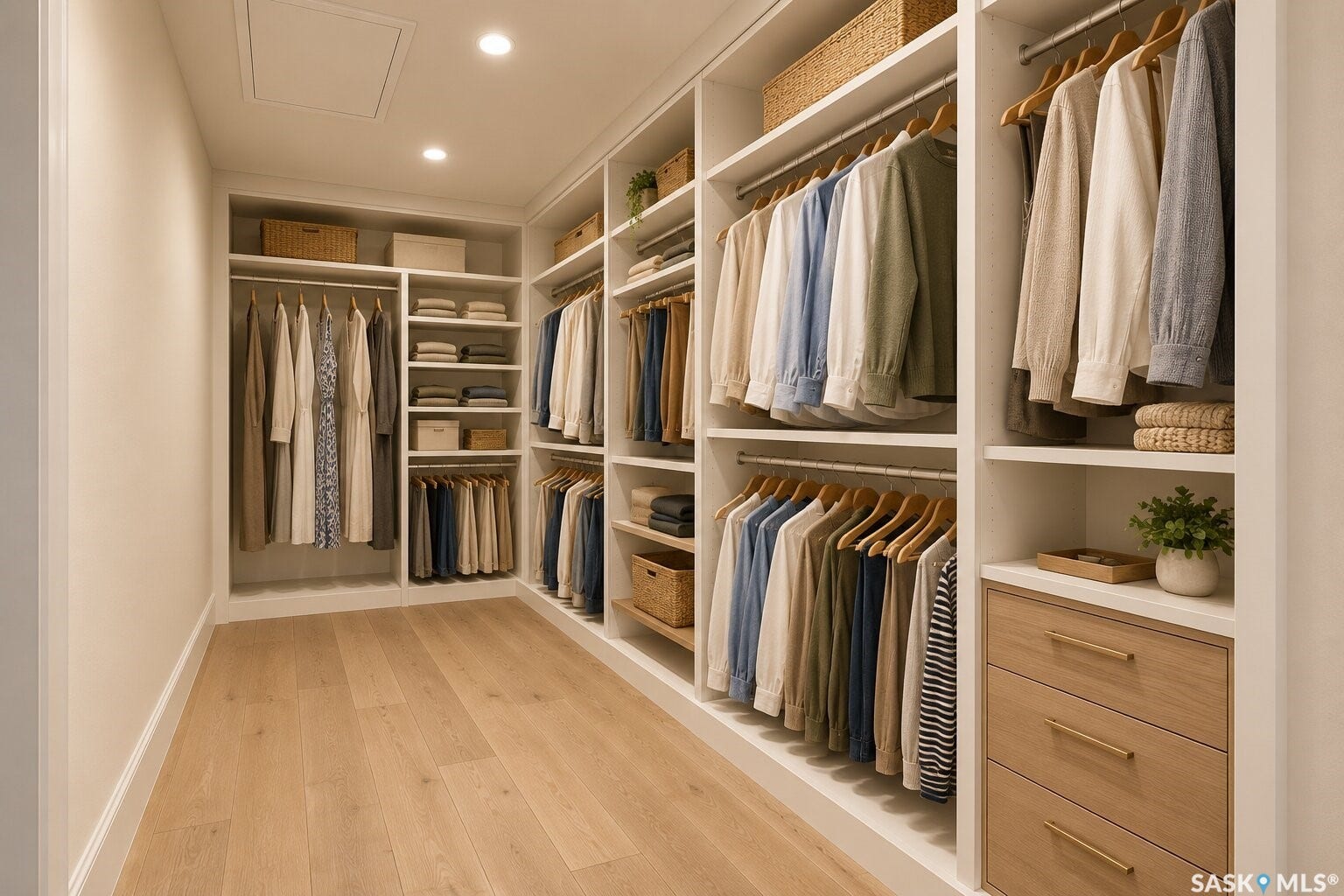 Built-in custom cabinetry system with integrated shelving and hanging rods