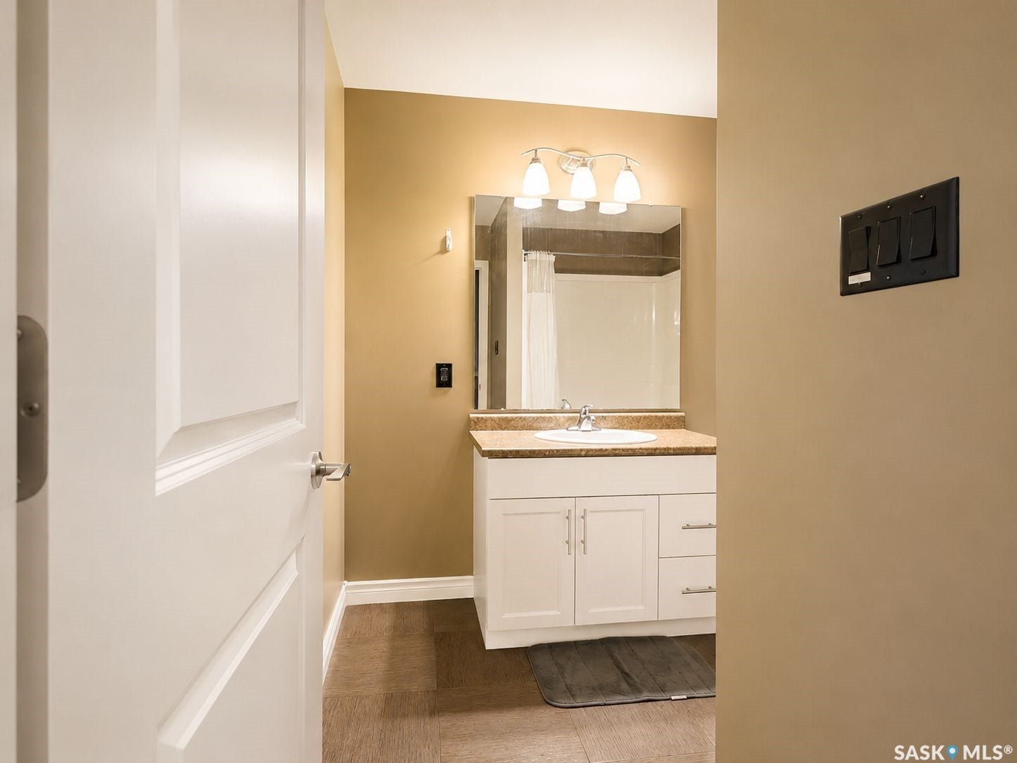 Bathroom with wood-finish flooring, a white vanity with a speckled countertop, an undermount sink, and a mirrored wall-mounted vanity light