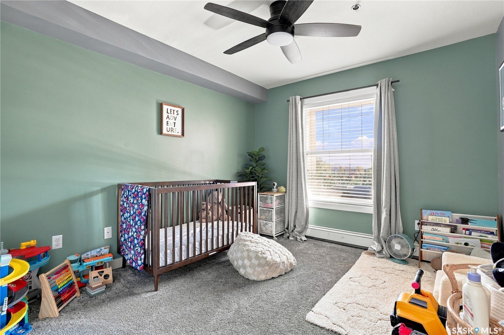 Recessed lighting, ceiling fan, carpeted flooring, window with blinds, and painted walls