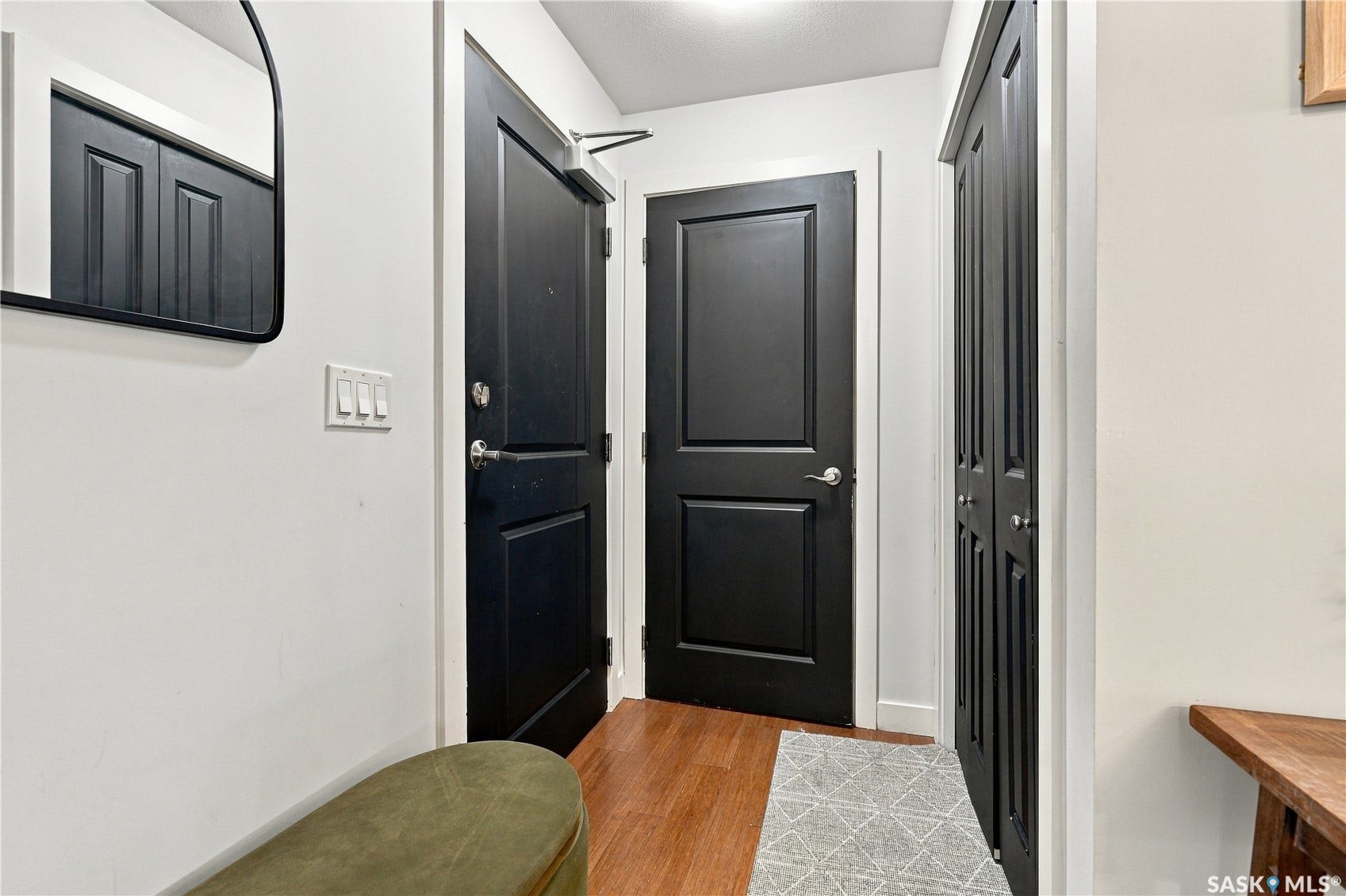 Entryway featuring dark paneled doors, light wood-finish flooring, and white wall finishes